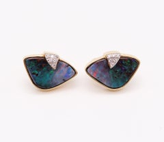 MODERNIST Clips-On Earrings In 14Kt Yellow Gold With Diamonds And Rare Opals