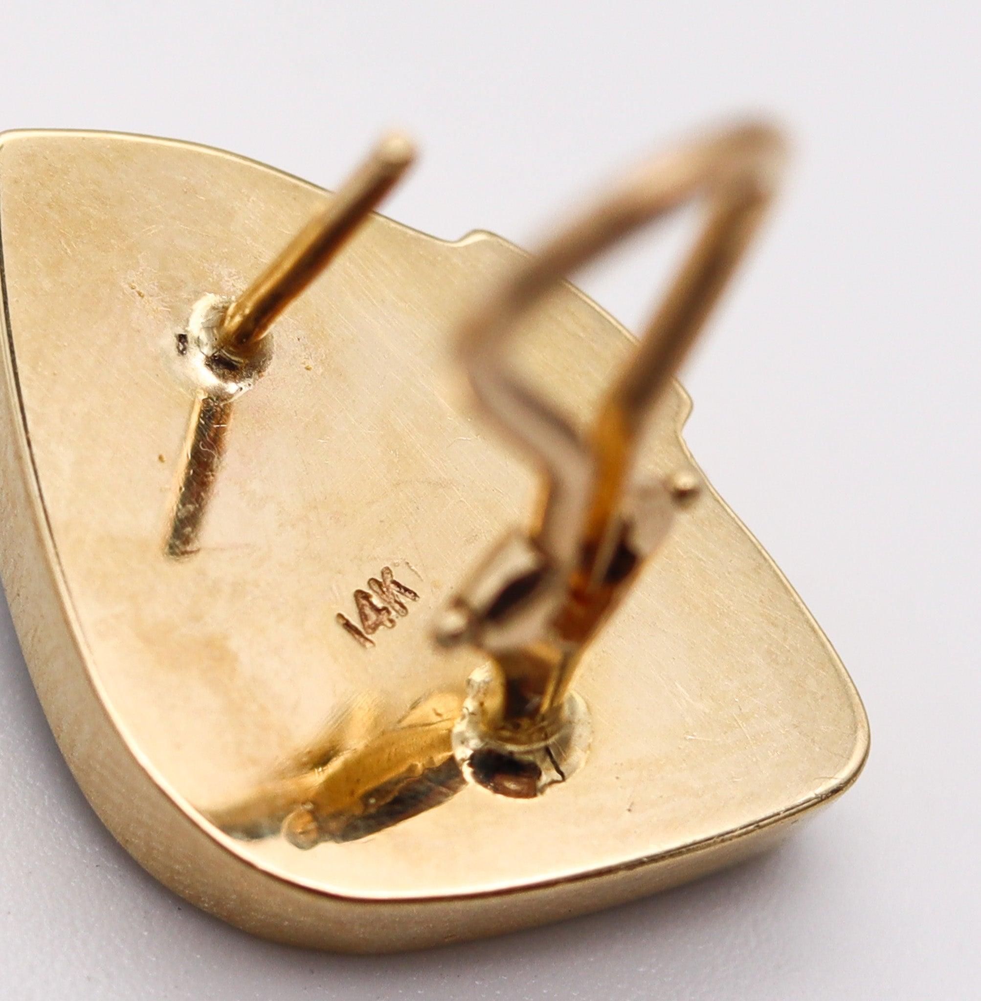 Cabochon MODERNIST Clips-On Earrings In 14Kt Yellow Gold With Diamonds And Rare Opals For Sale