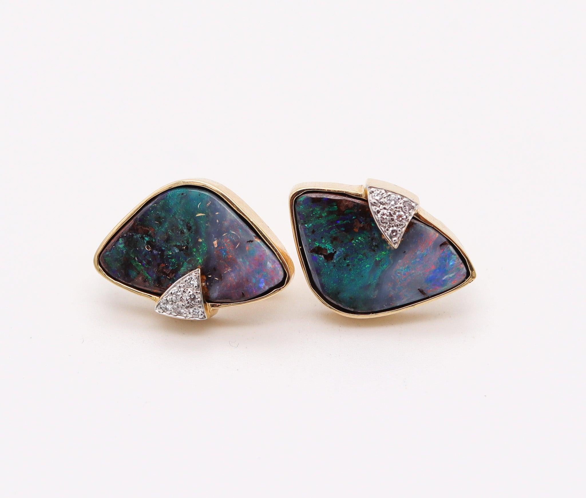 Women's MODERNIST Clips-On Earrings In 14Kt Yellow Gold With Diamonds And Rare Opals For Sale