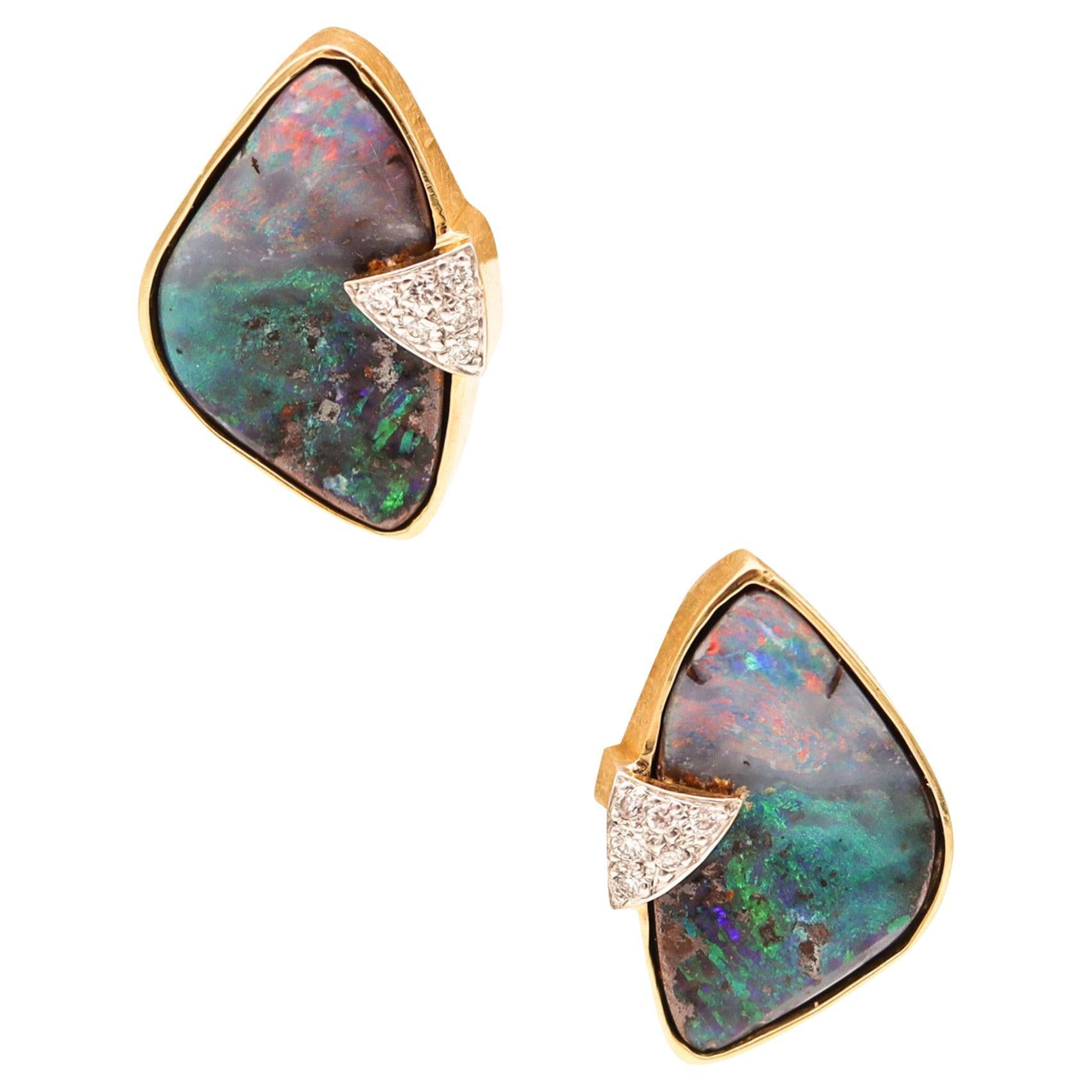 MODERNIST Clips-On Earrings In 14Kt Yellow Gold With Diamonds And Rare Opals