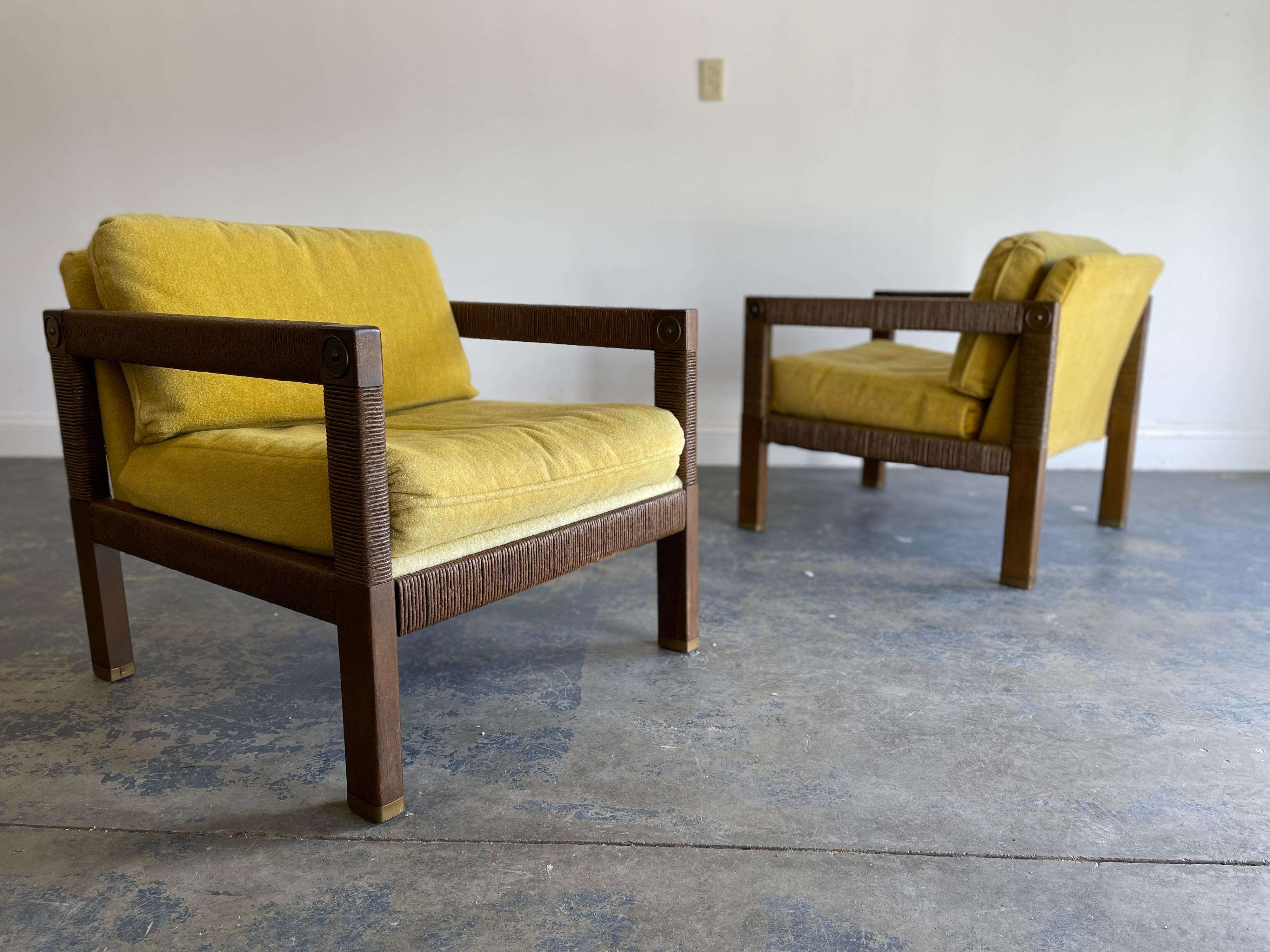 Modernist Club Chairs, Brass and Rush Cord For Sale 6