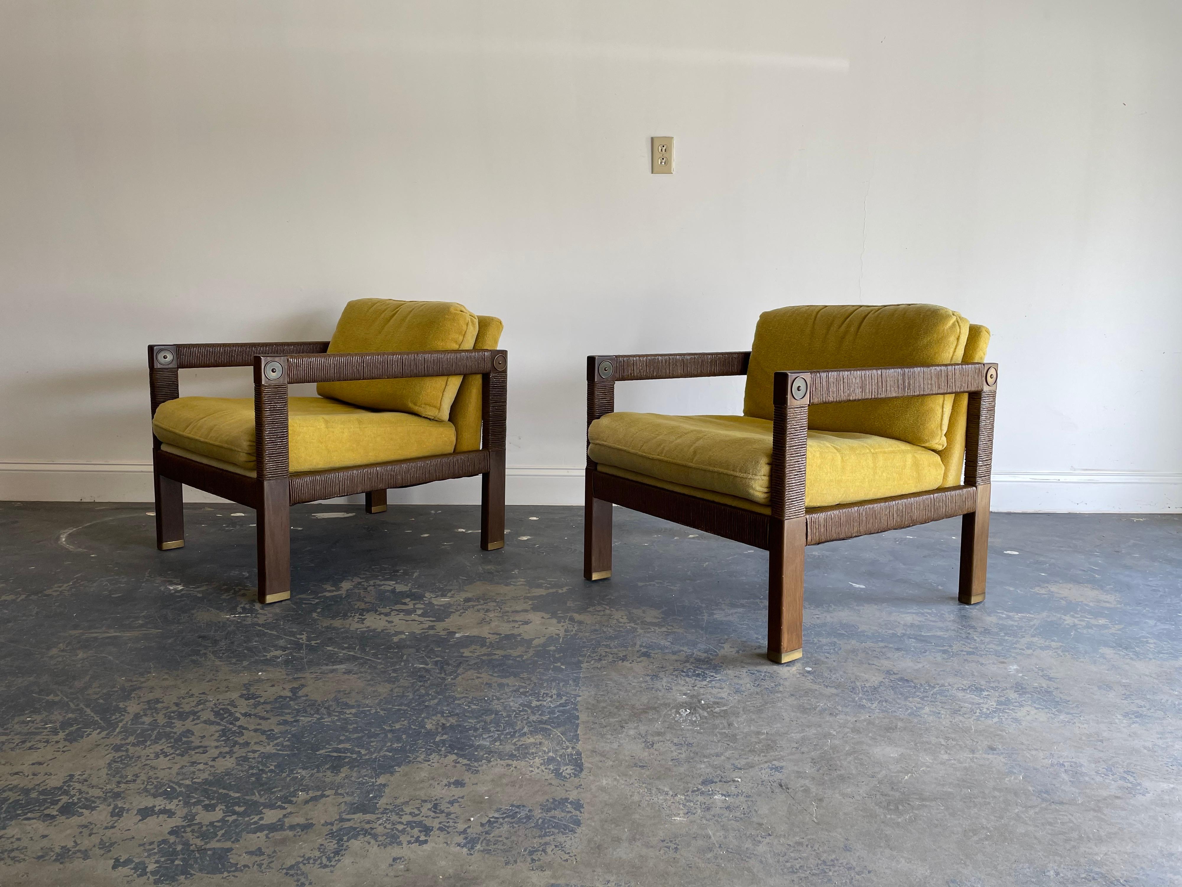 Mid-Century Modern Modernist Club Chairs, Brass and Rush Cord For Sale