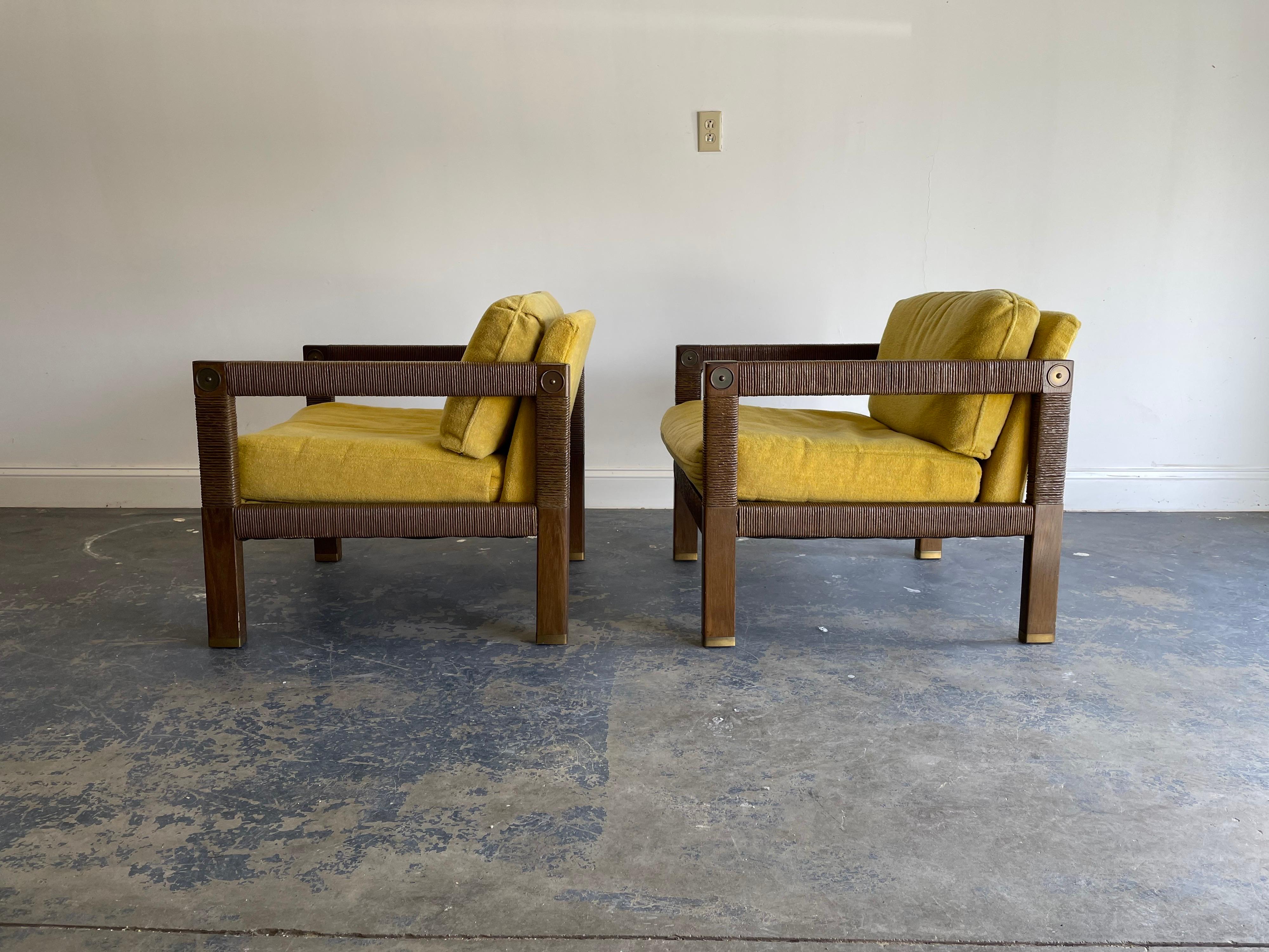 American Modernist Club Chairs, Brass and Rush Cord For Sale