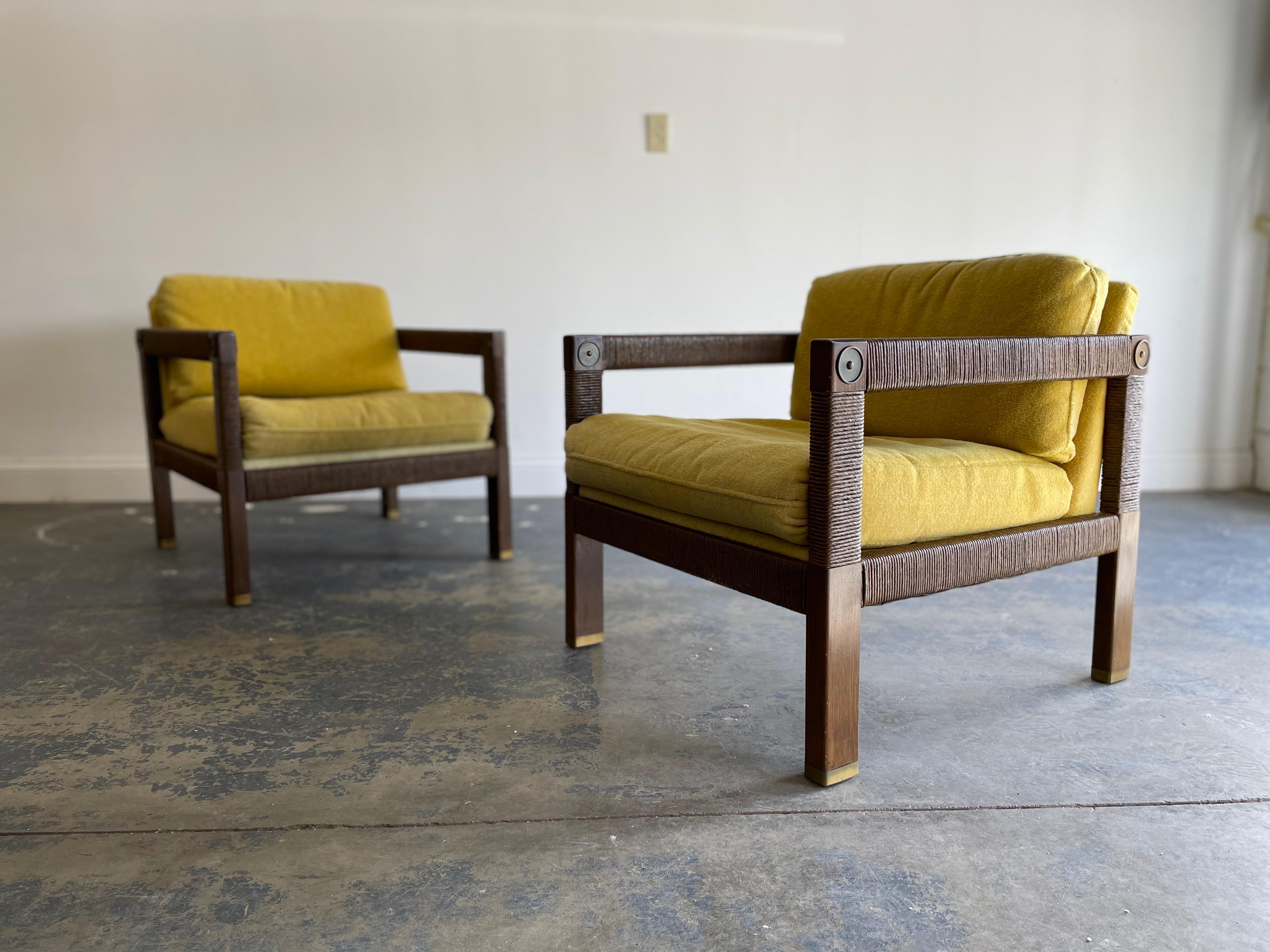 Mid-20th Century Modernist Club Chairs, Brass and Rush Cord For Sale