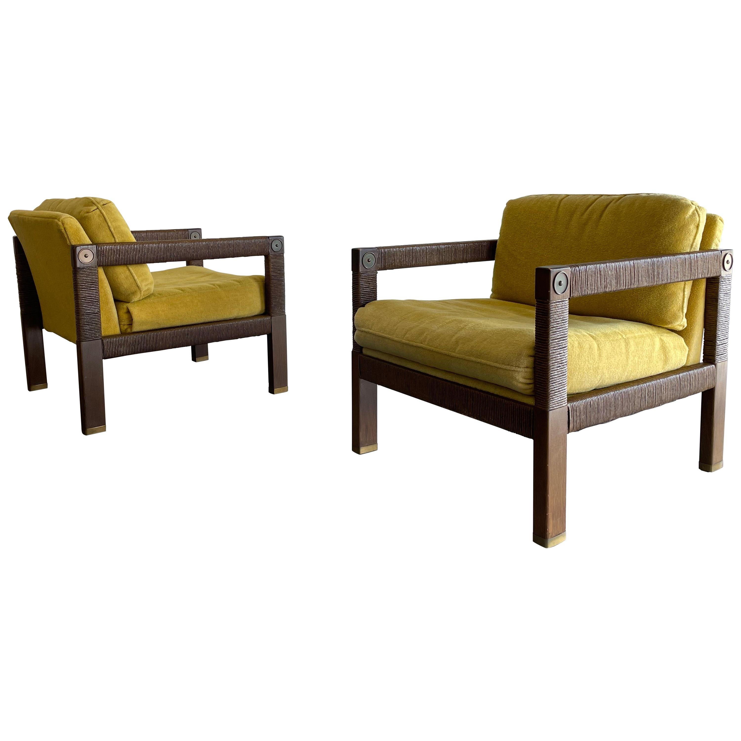 Modernist Club Chairs, Brass and Rush Cord For Sale