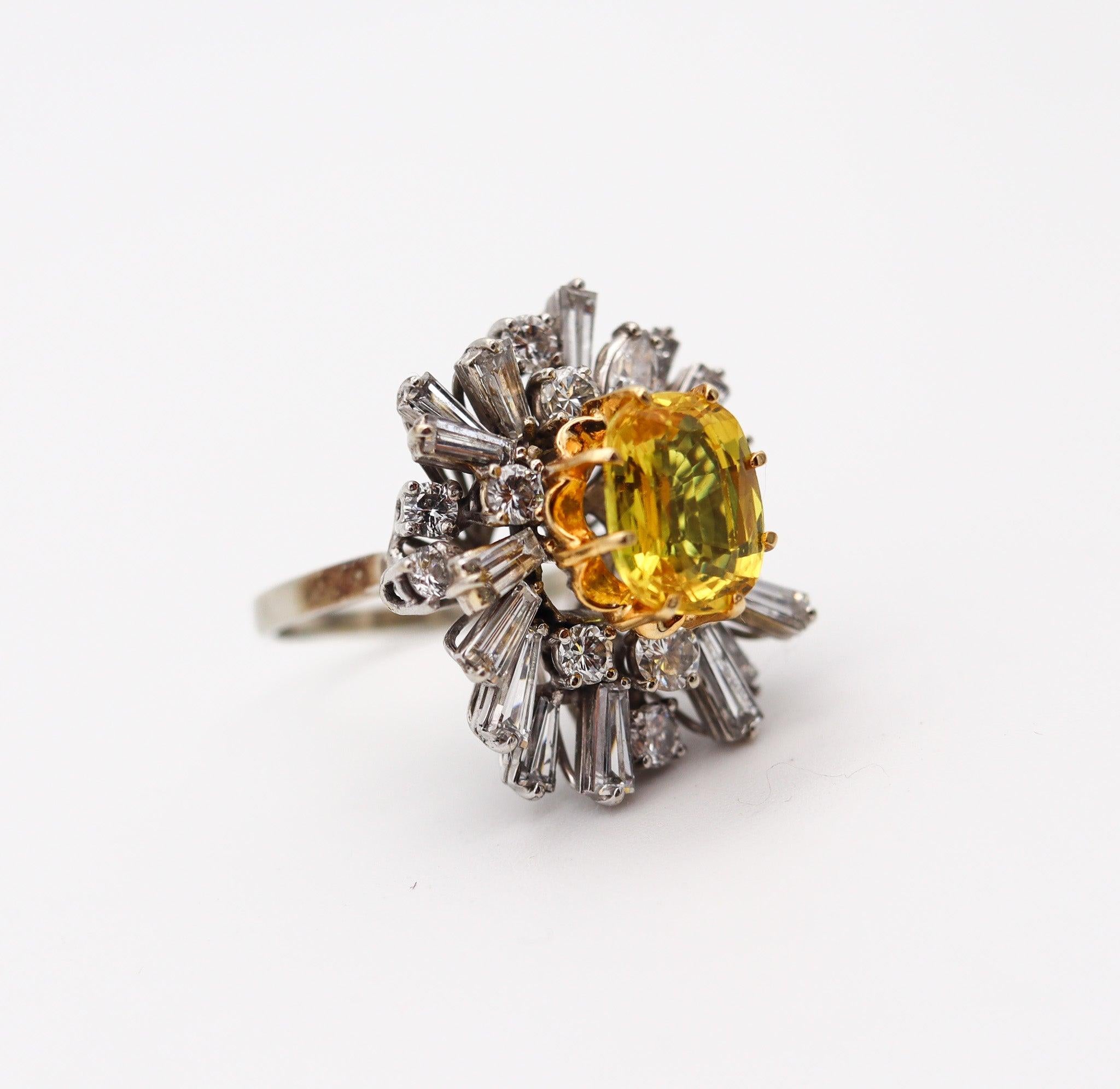 Cushion Cut MODERNIST Cluster Cocktail Ring In 18Kt Gold 5.46 Ctw Diamonds & Yellow Sapphire For Sale