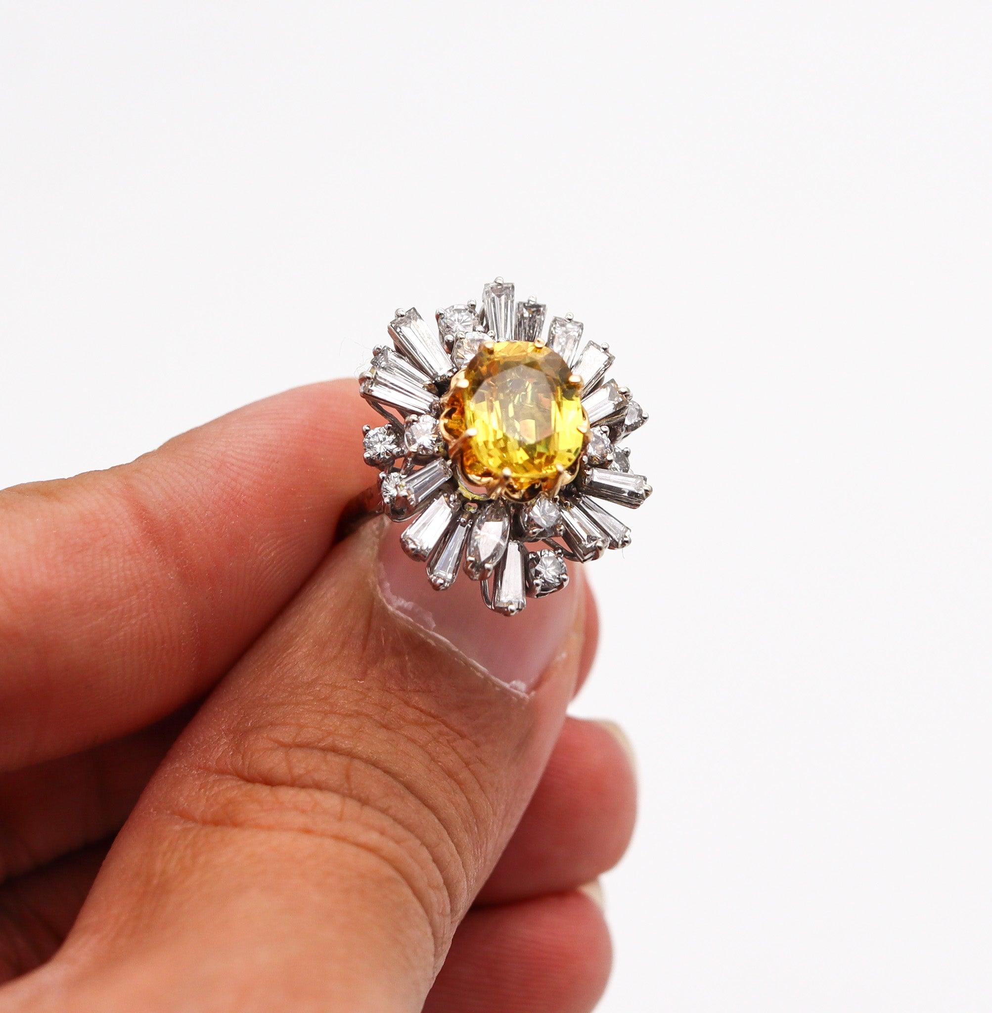 Women's MODERNIST Cluster Cocktail Ring In 18Kt Gold 5.46 Ctw Diamonds & Yellow Sapphire For Sale