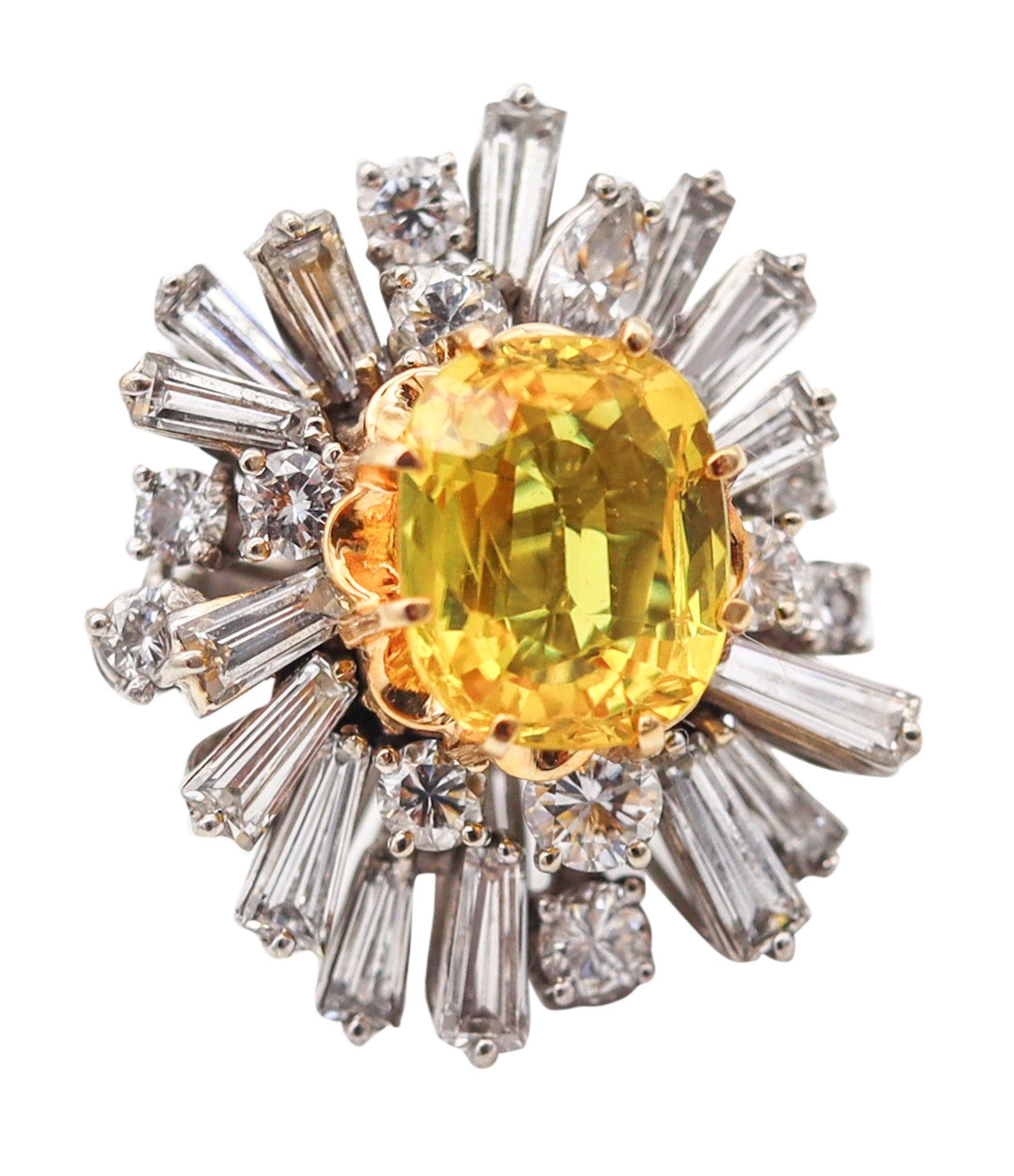 MODERNIST Cluster Cocktail Ring In 18Kt Gold 5.46 Ctw Diamonds & Yellow Sapphire