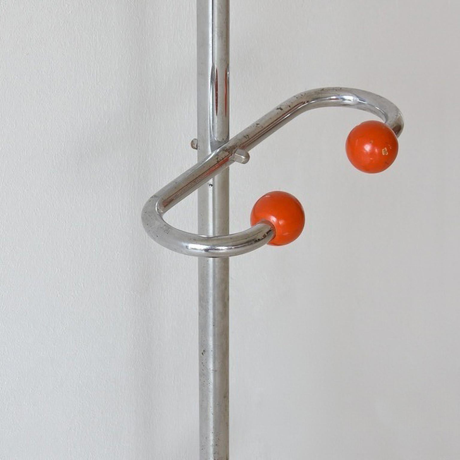 Mid-20th Century Modernist Coat, Hat and Umbrella Stand, Chromed Tubular Steel, Painted Wood, 30s For Sale