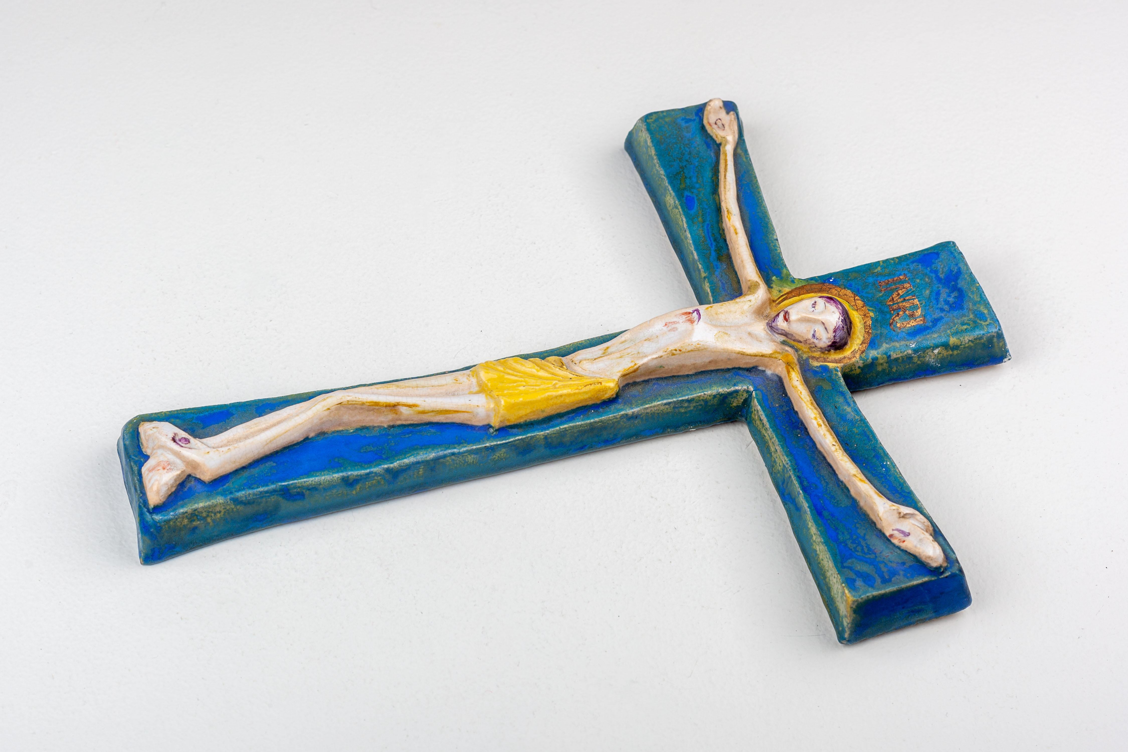 Modernist Cobalt Blue and Gold Wall Cross - European Studio Pottery Masterpiece For Sale 6