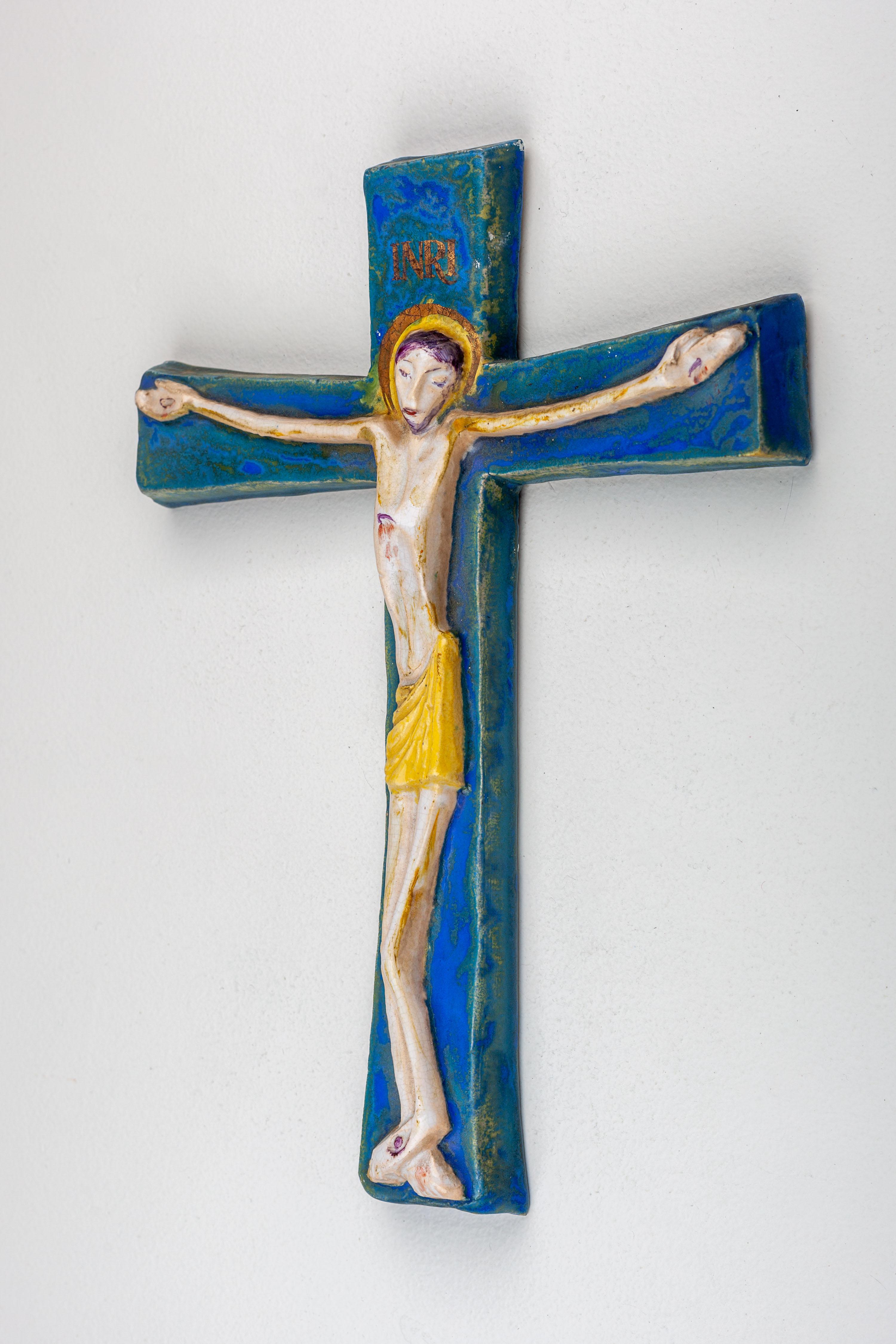 Modernist Cobalt Blue and Gold Wall Cross - European Studio Pottery Masterpiece For Sale 9
