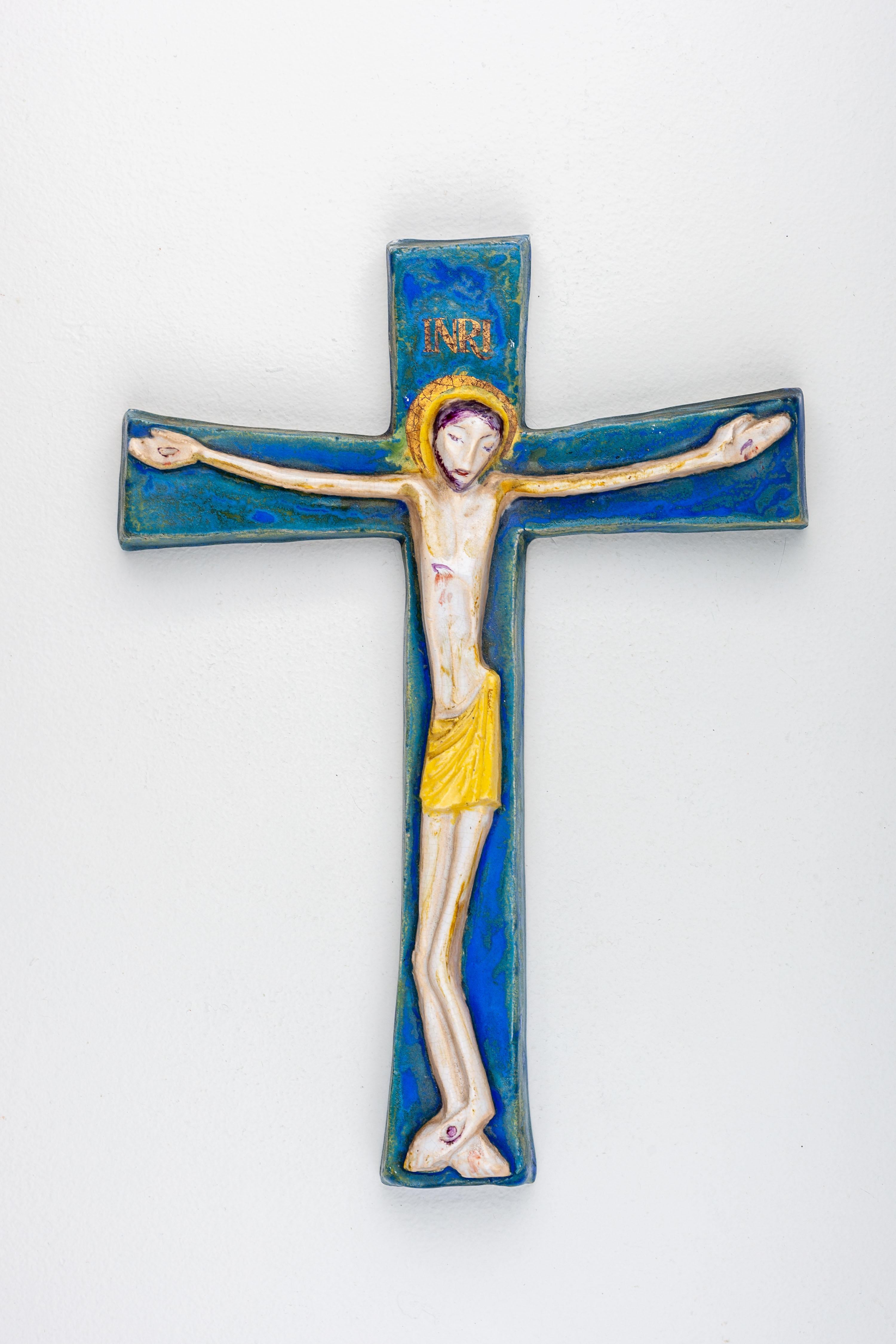 Modernist Cobalt Blue and Gold Wall Cross - European Studio Pottery Masterpiece In Good Condition For Sale In Chicago, IL
