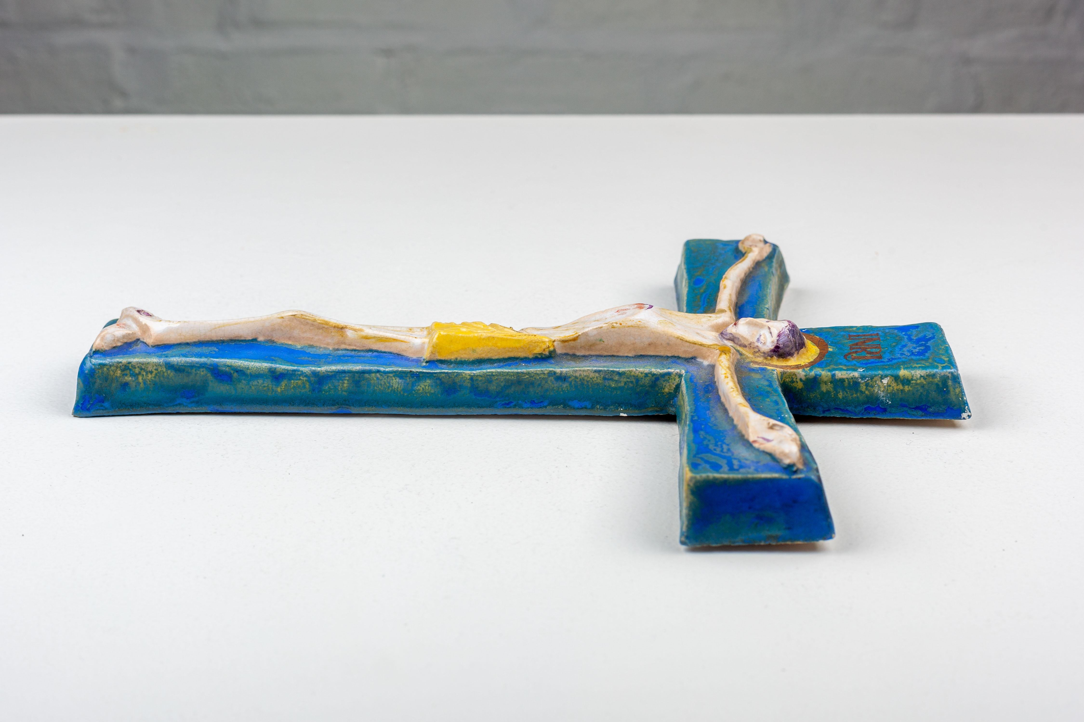 Mid-20th Century Modernist Cobalt Blue and Gold Wall Cross - European Studio Pottery Masterpiece For Sale