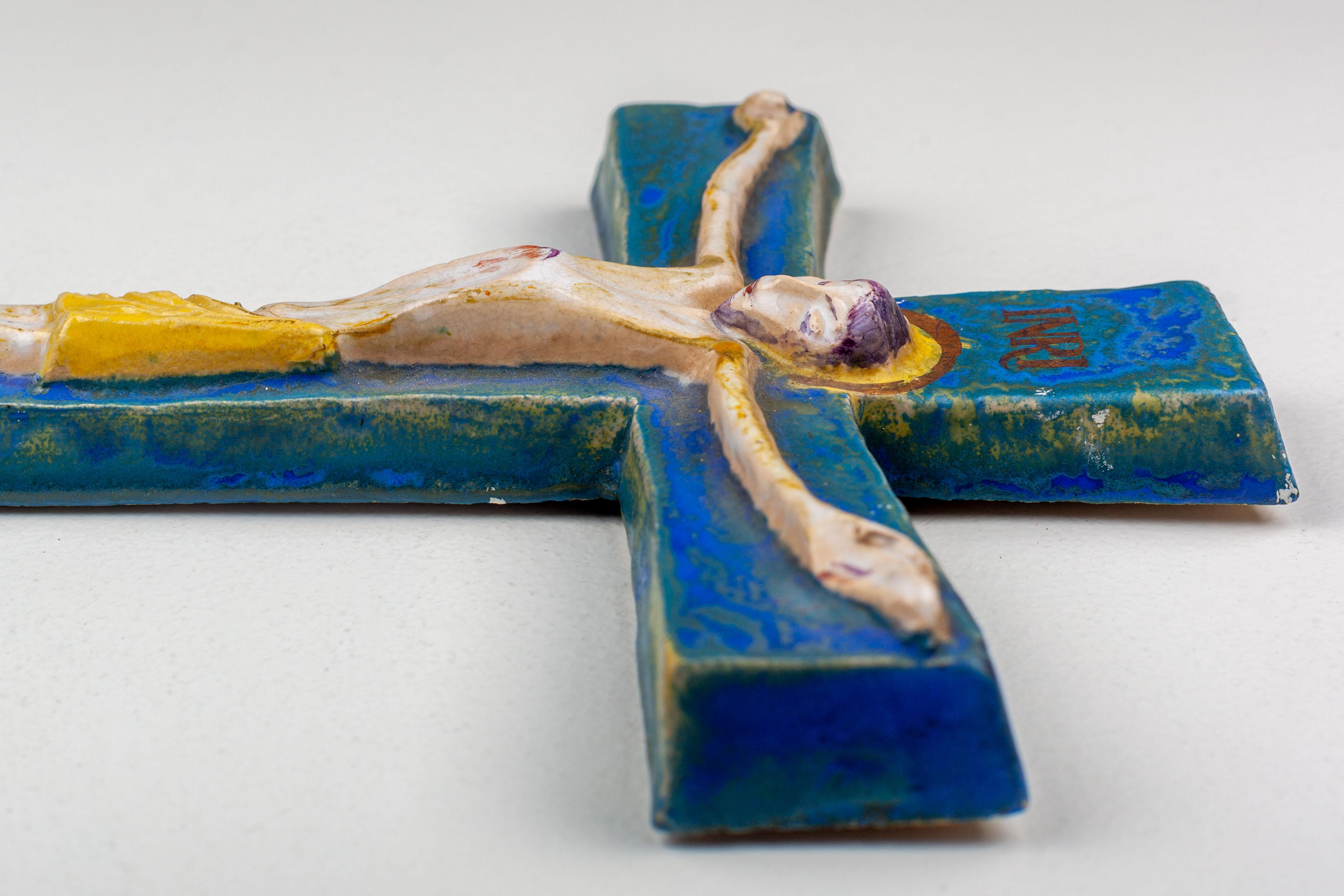 Ceramic Modernist Cobalt Blue and Gold Wall Cross - European Studio Pottery Masterpiece For Sale