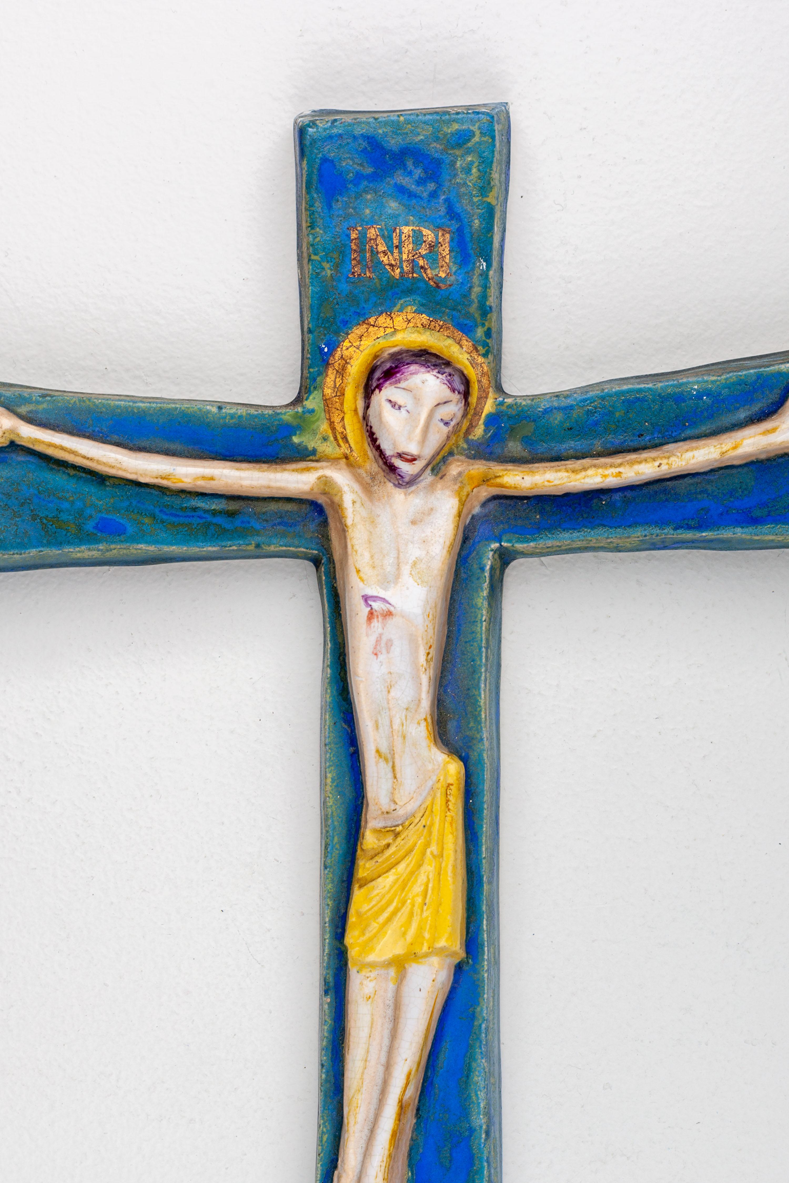 Modernist Cobalt Blue and Gold Wall Cross - European Studio Pottery Masterpiece For Sale 3