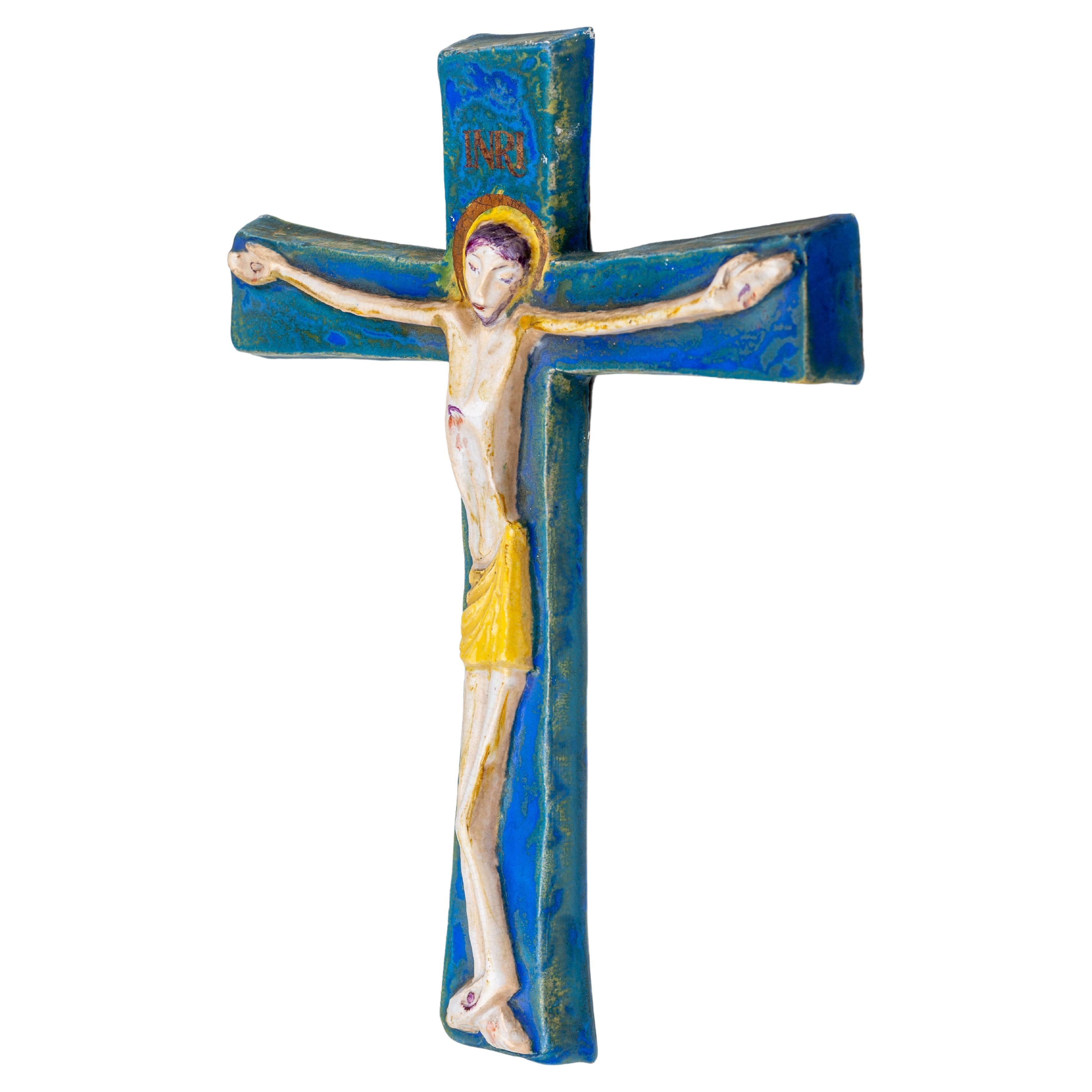 Modernist Cobalt Blue and Gold Wall Cross - European Studio Pottery Masterpiece For Sale