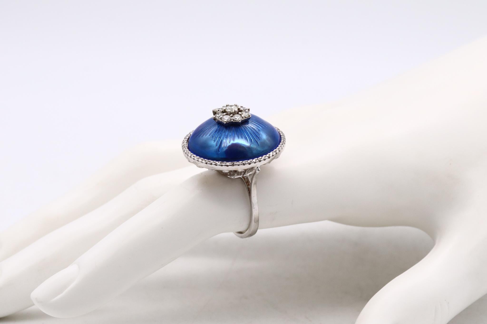 Modernist Cocktail Ring 18Kt White Gold with Blue Enamel and 1.08 Cts Diamonds In Excellent Condition For Sale In Miami, FL