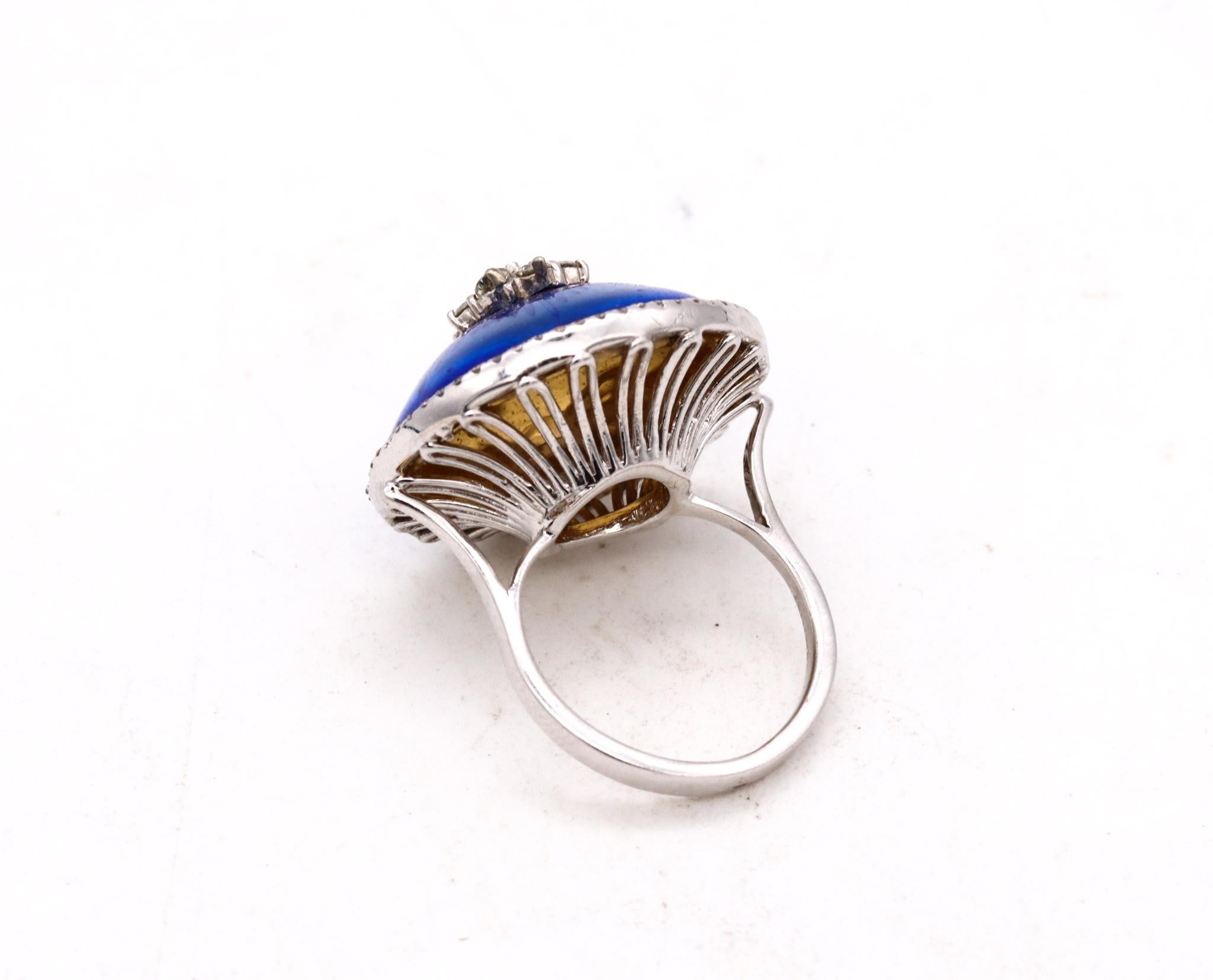 Modernist Cocktail Ring 18Kt White Gold with Blue Enamel and 1.08 Cts Diamonds For Sale 2