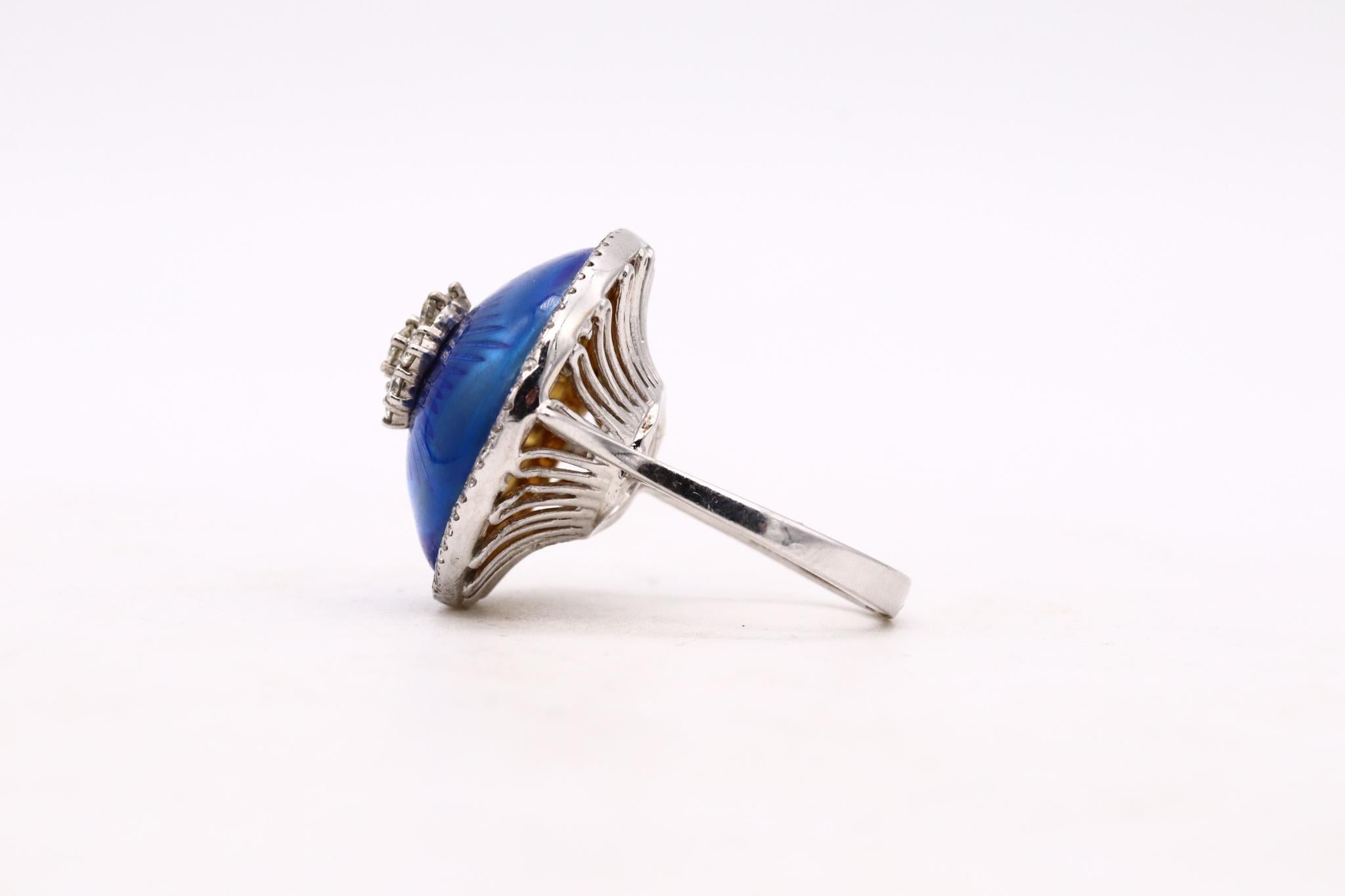 Modernist Cocktail Ring 18Kt White Gold with Blue Enamel and 1.08 Cts Diamonds For Sale 3
