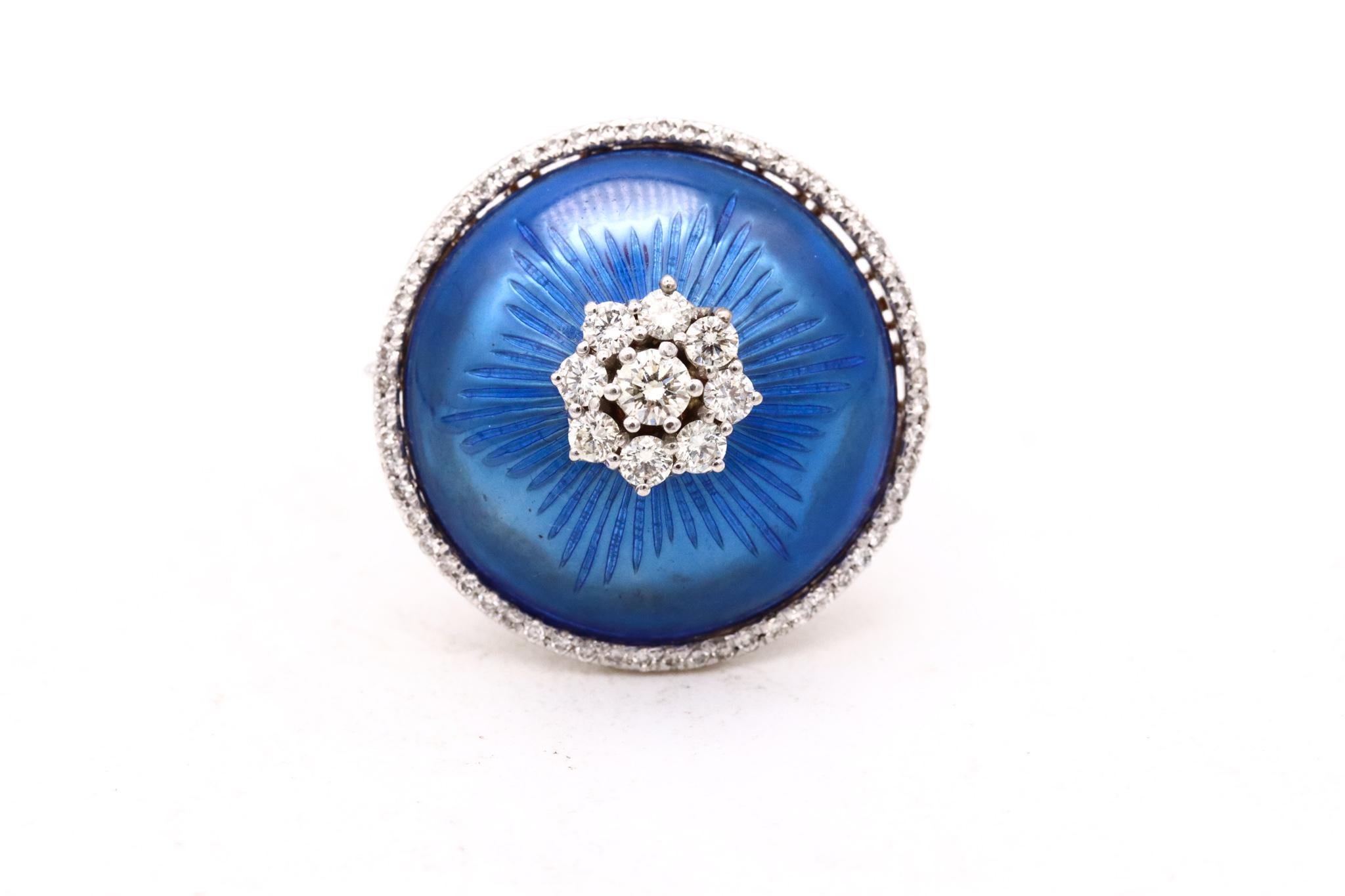 Modernist Cocktail Ring 18Kt White Gold with Blue Enamel and 1.08 Cts Diamonds For Sale 4
