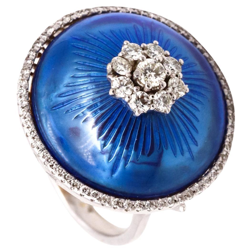 Modernist Cocktail Ring 18Kt White Gold with Blue Enamel and 1.08 Cts Diamonds For Sale