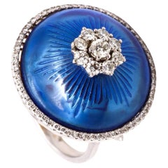 Bague cocktail moderniste en or blanc 18 carats avec émail bleu et diamants de 1,08 carat