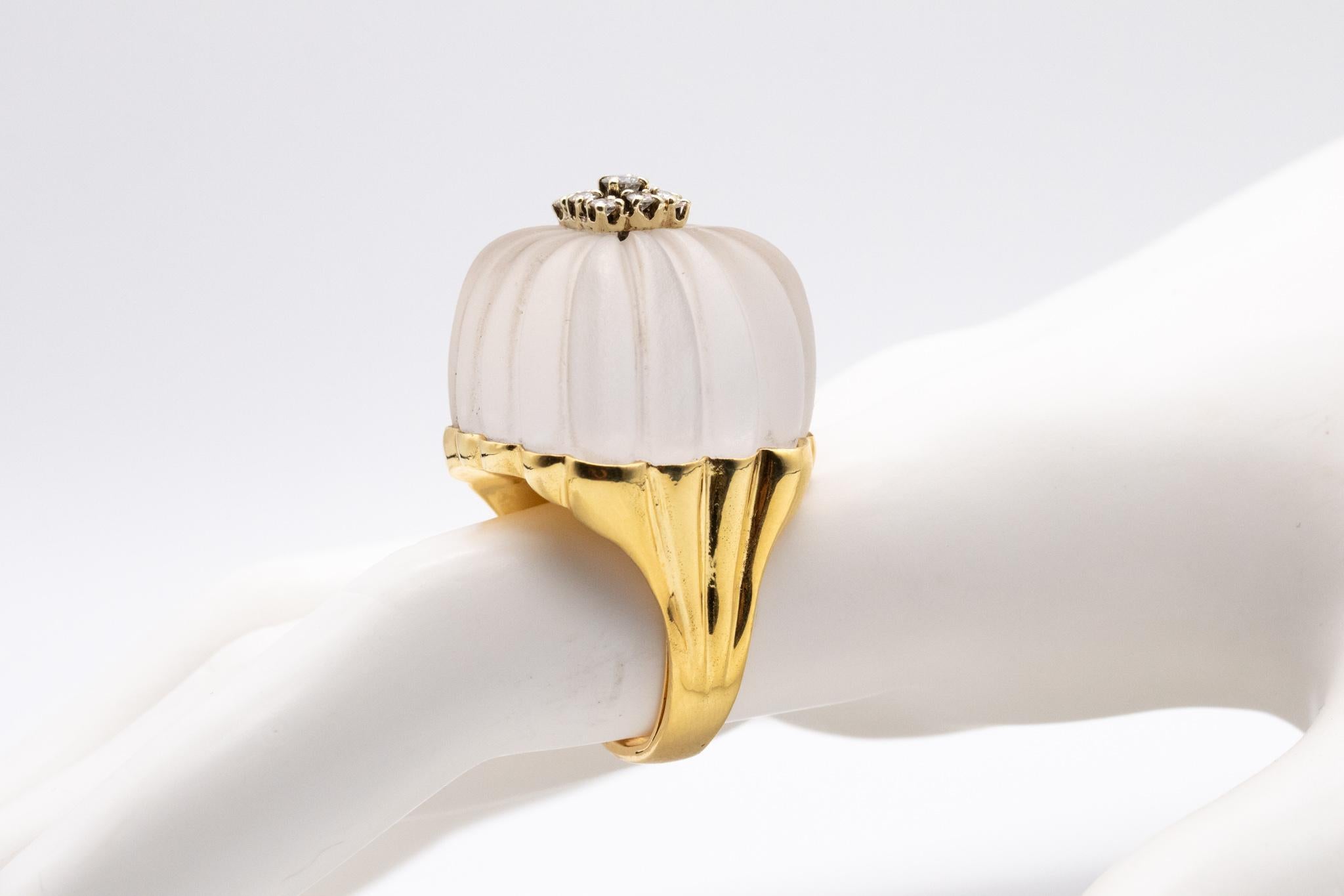Mixed Cut Modernist Cocktail Ring in 18kt Gold with Carved Rock Quartz and VS Diamonds