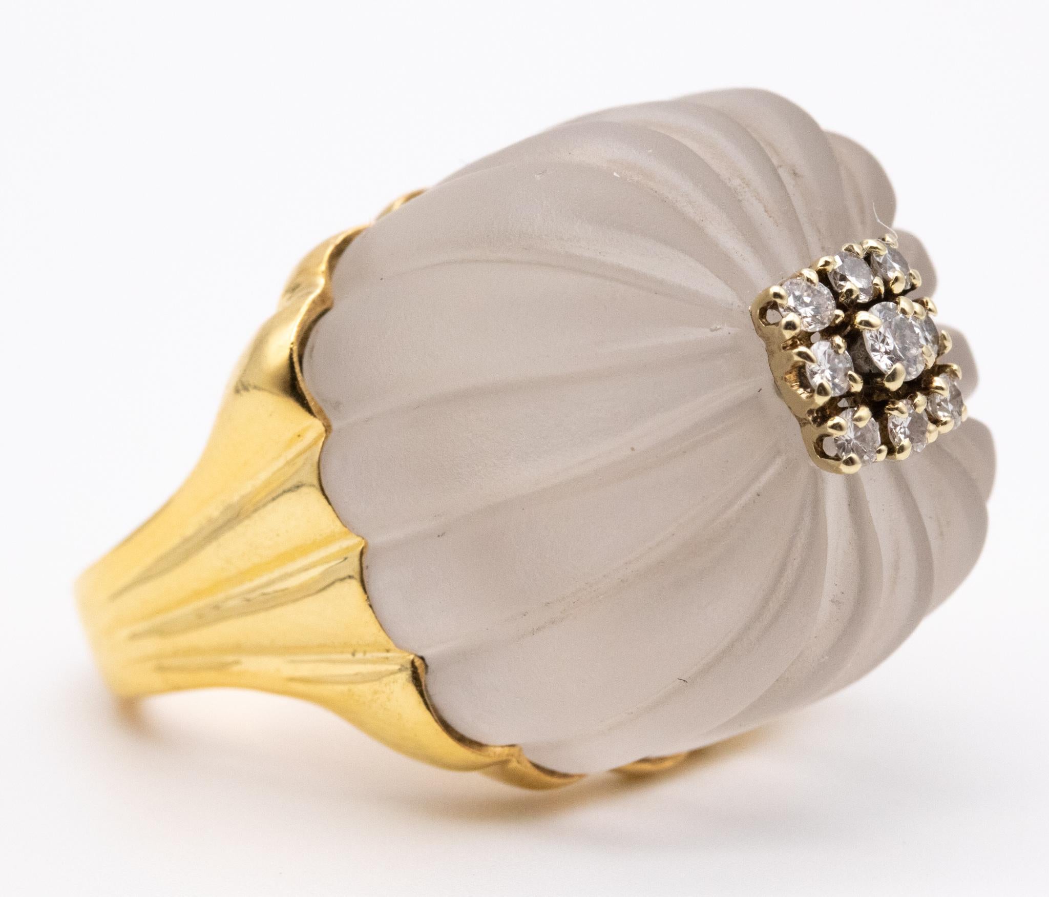 Women's Modernist Cocktail Ring in 18kt Gold with Carved Rock Quartz and VS Diamonds