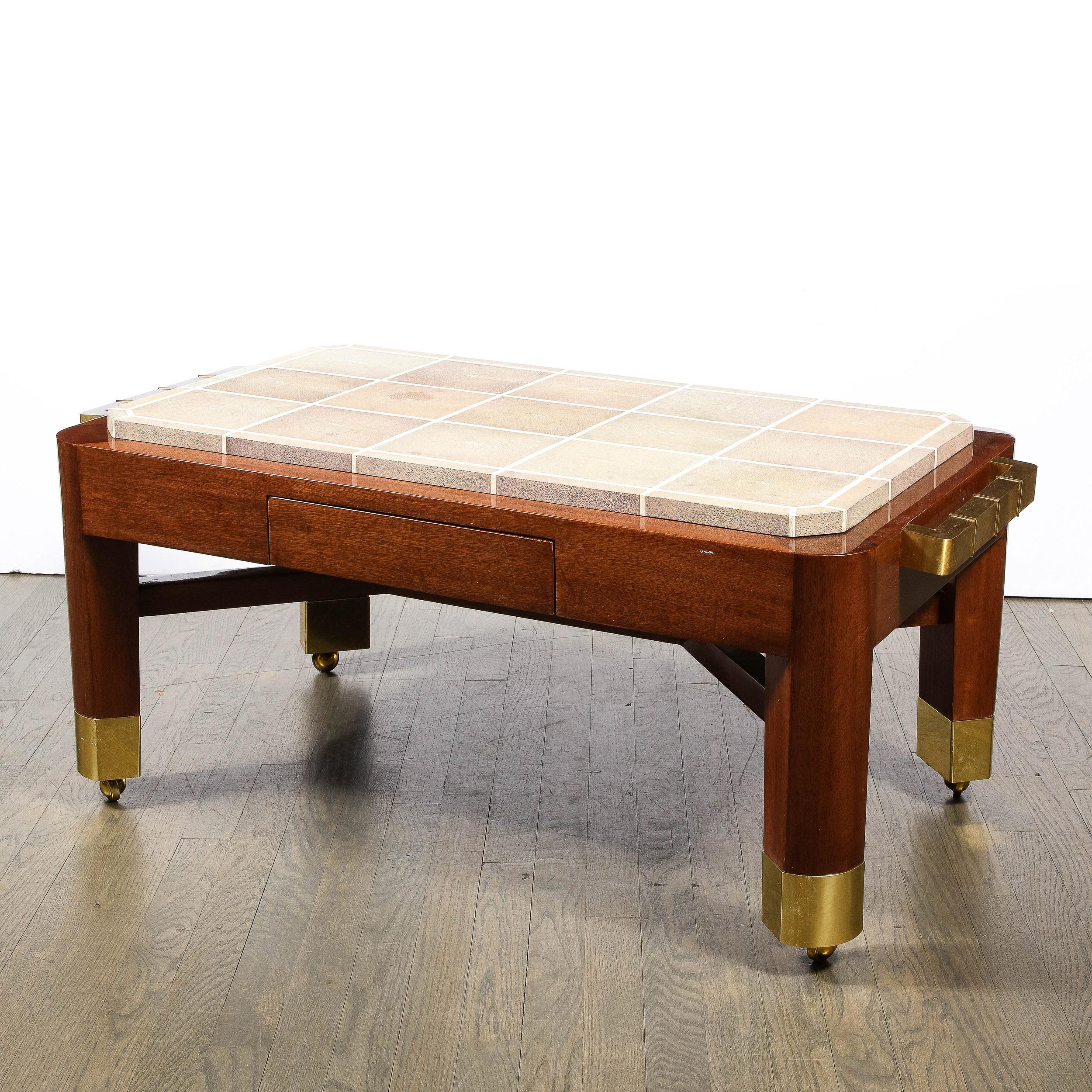 Modernist Cocktail Table with Shagreen Top & Brass Fittings by Lorin Marsh For Sale 1