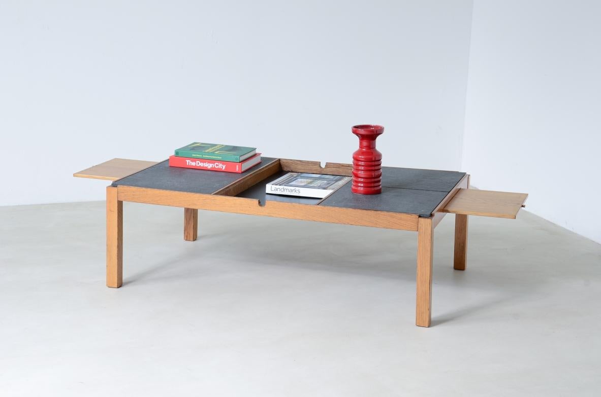 Italian Modernist coffe table table wooden and slate top For Sale