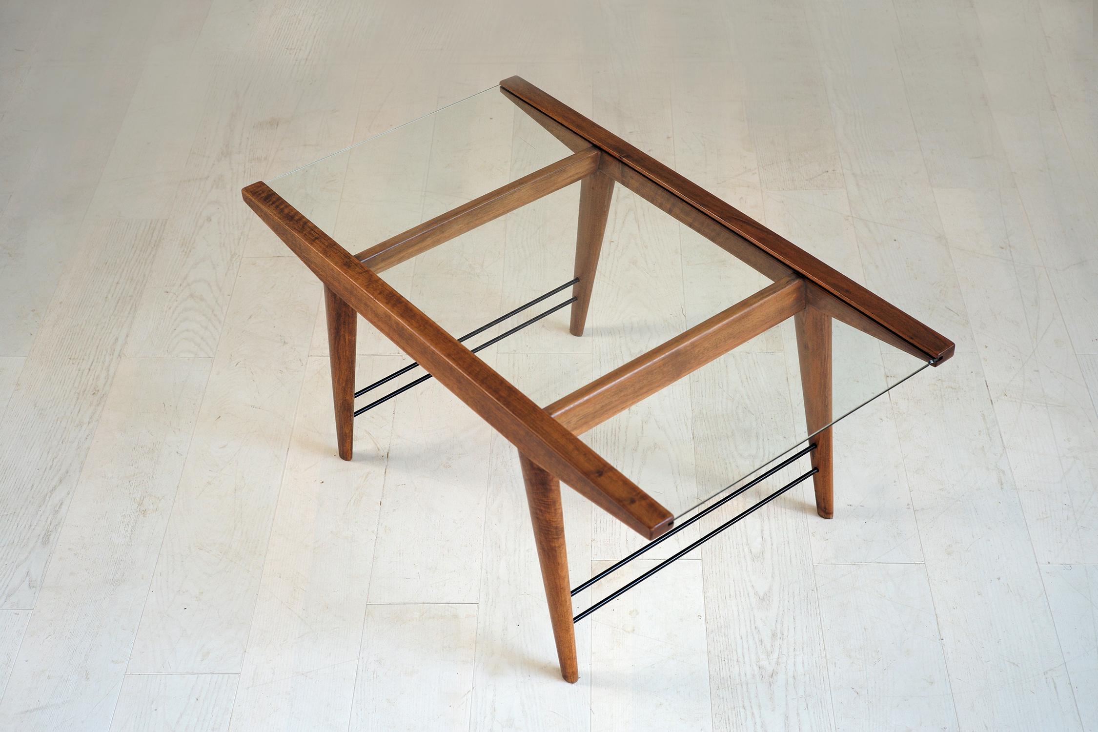 French Modernist Coffee Table in Mahogany, Brass and Glass, France, 1950 For Sale