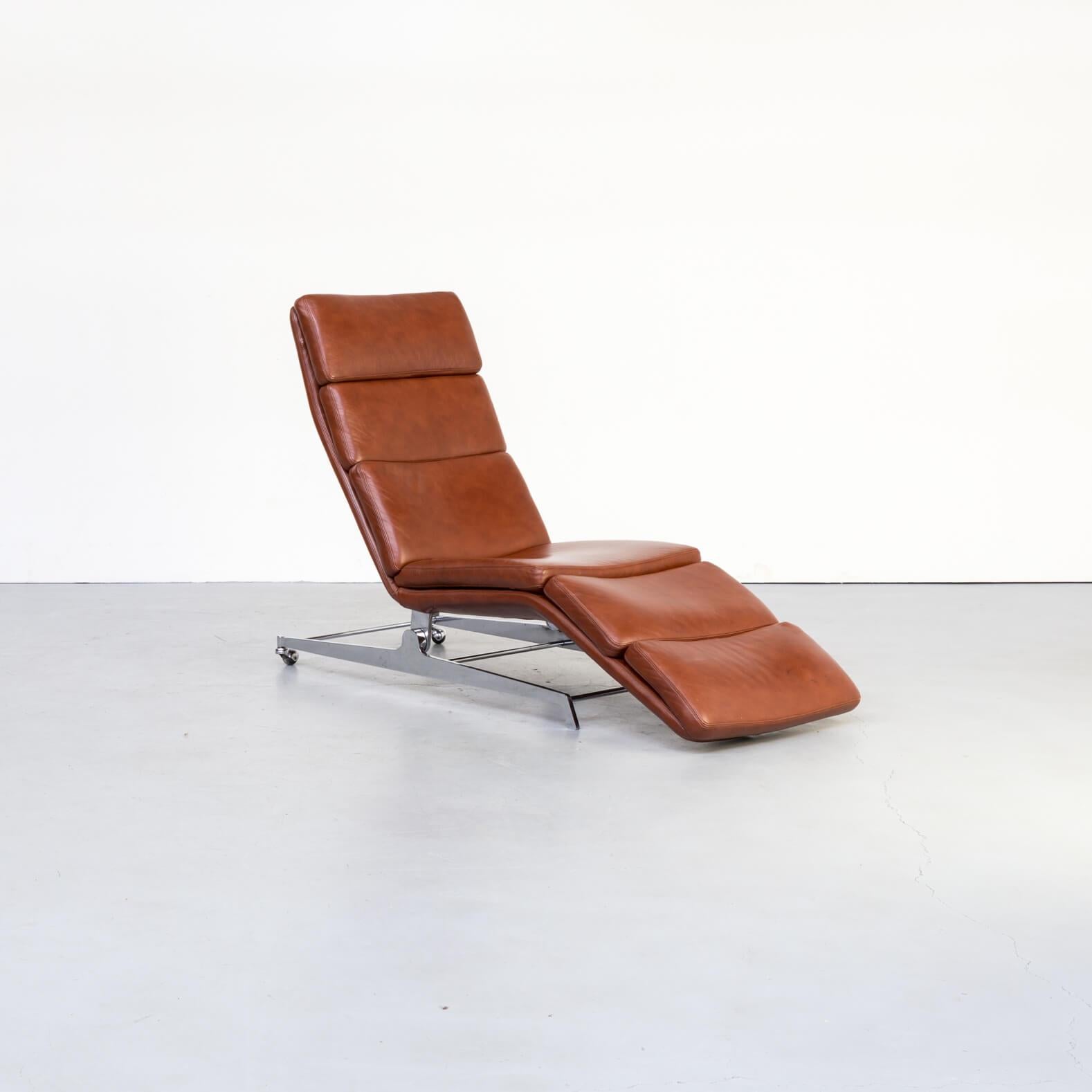 Mid-Century Modern Modernist Cognac Leather Chaise Lounge with a Beautiful Tiltable Chrome Base For Sale