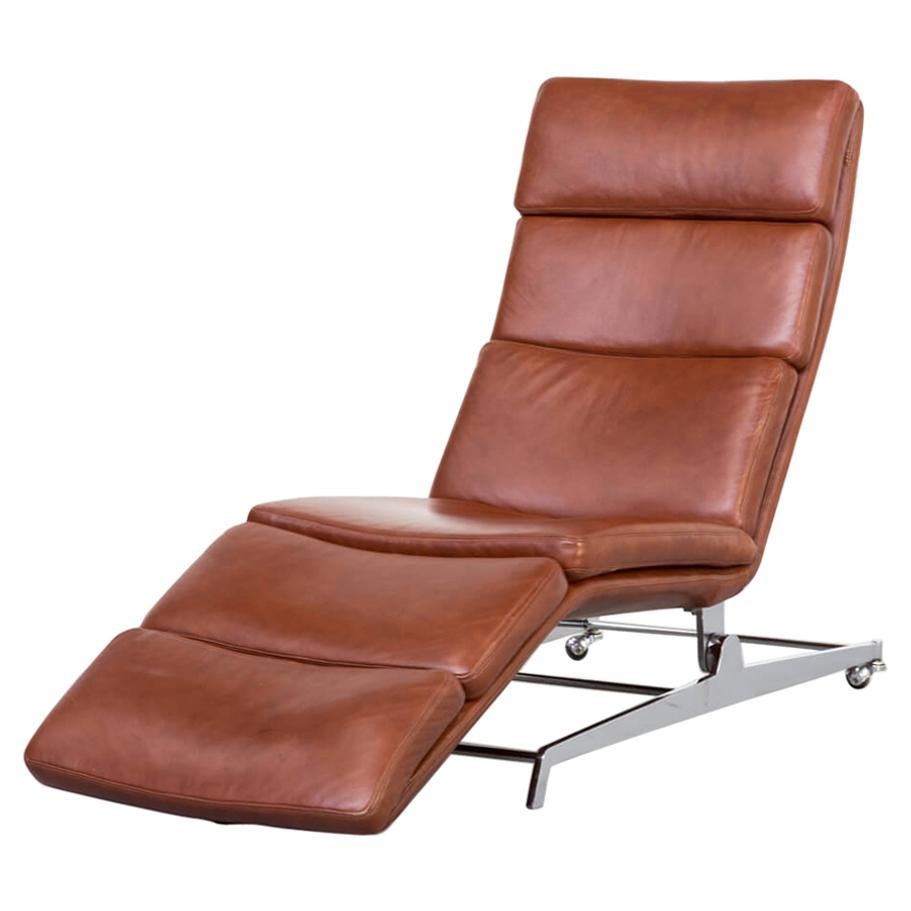Modernist Cognac Leather Chaise Lounge with a Beautiful Tiltable Chrome Base For Sale