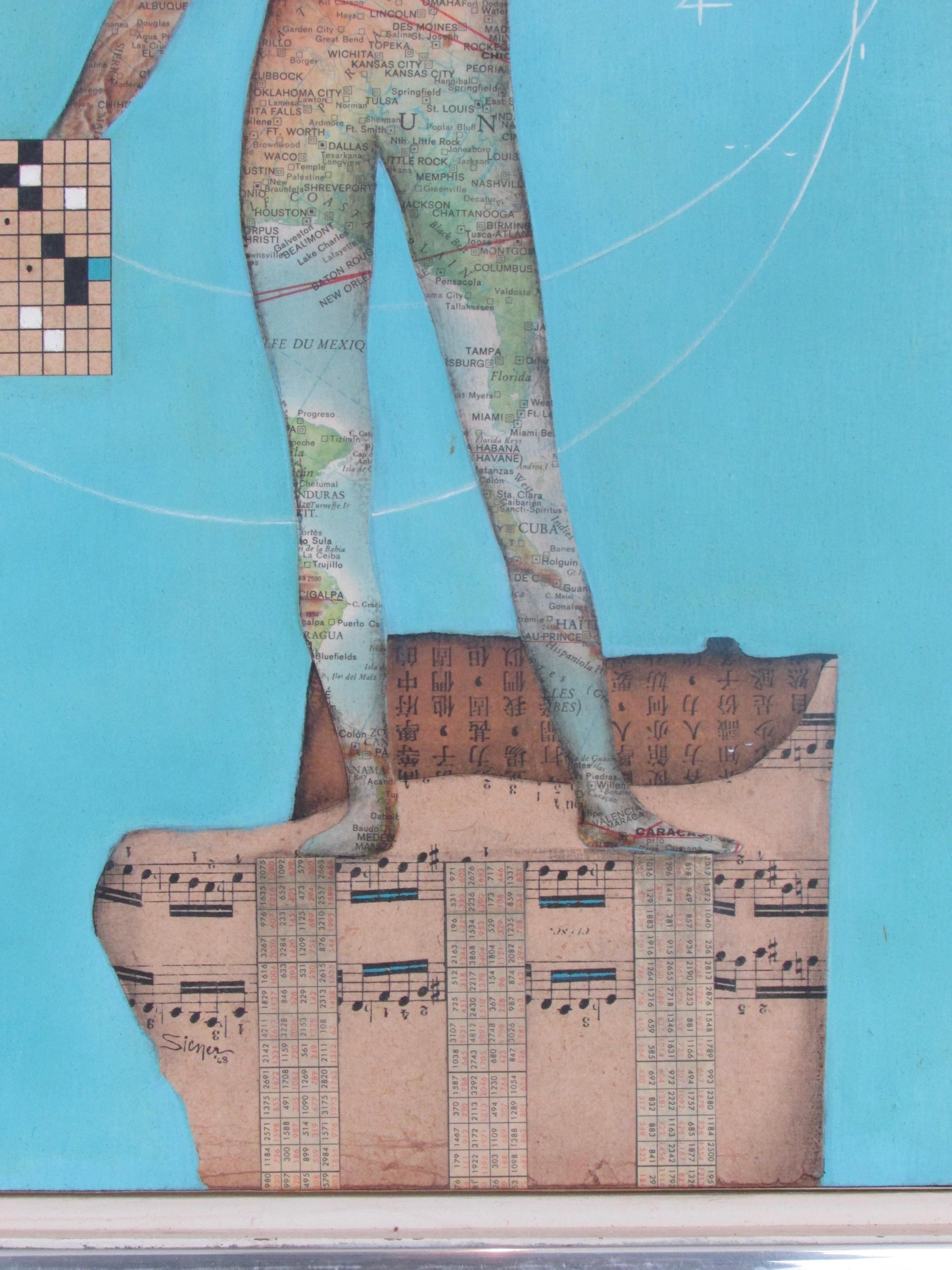 American Modernist Collage Art Map Man on Musical Score with Blue Field Dated 1962 For Sale