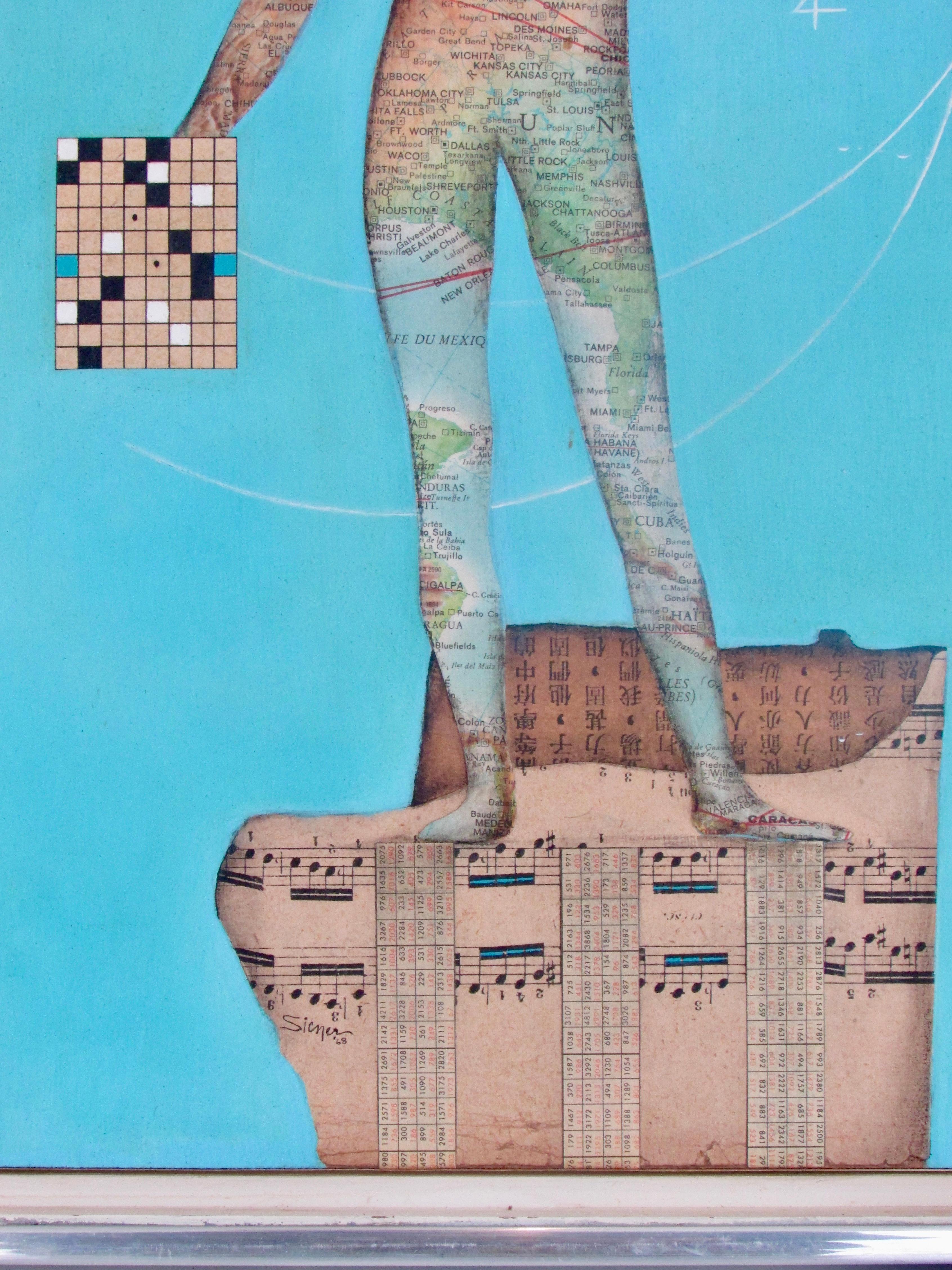 Hand-Painted Modernist Collage Art Map Man on Musical Score with Blue Field Dated 1962 For Sale