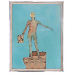 Carte d'art moderniste d'un collage - Man on Musical Score with Blue Field - Daté de 1962