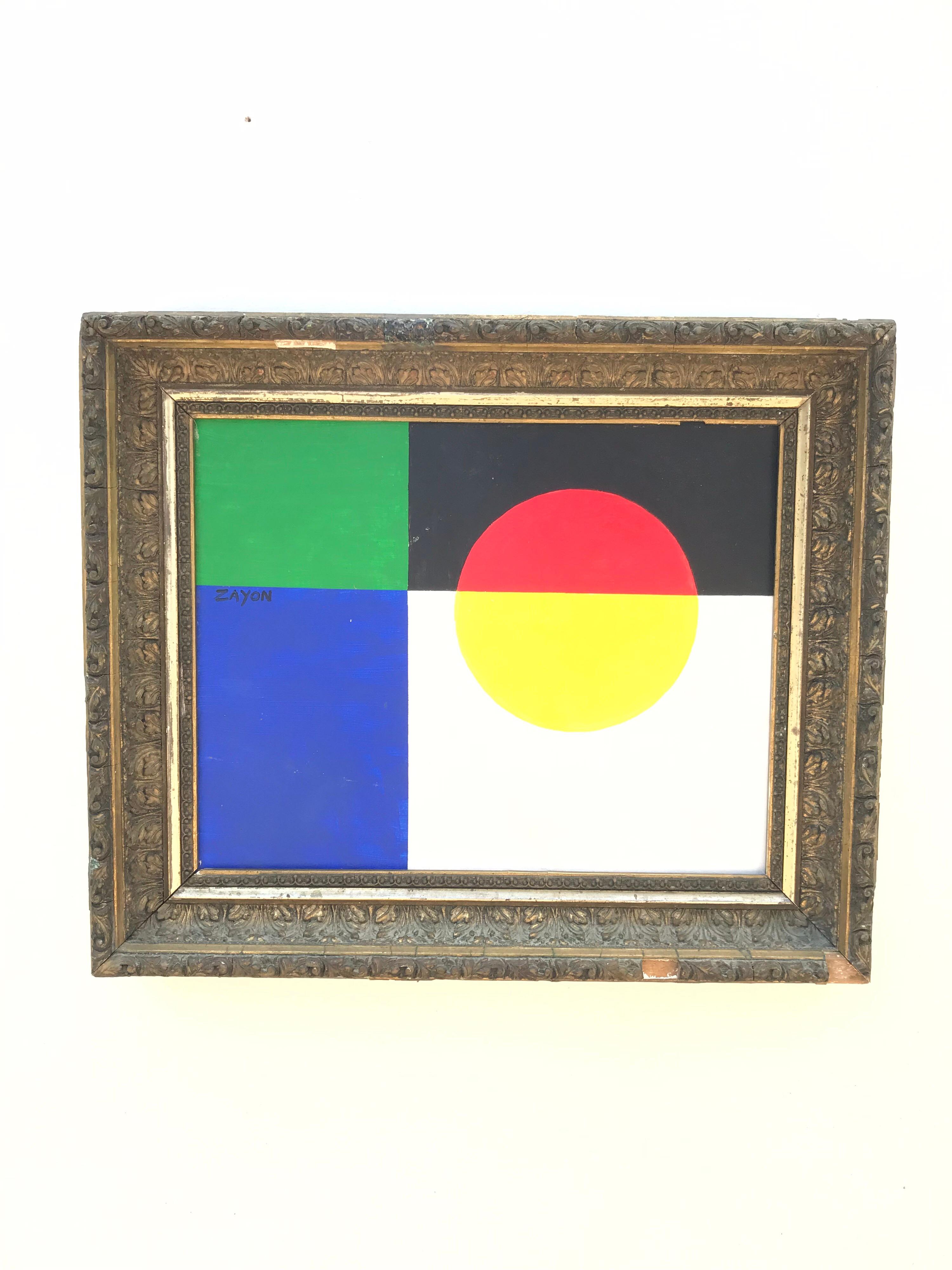 A pop art inspired color blocked painting on board housed in a fetching plaster and giltwood frame. The smaller work is by mid-20th century artist Seymour Zayon, a prolific yet simple painter.
 