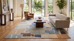 Modernist Color-Block Handcrafted Wool Area Rug with Abstract Painterly Grid