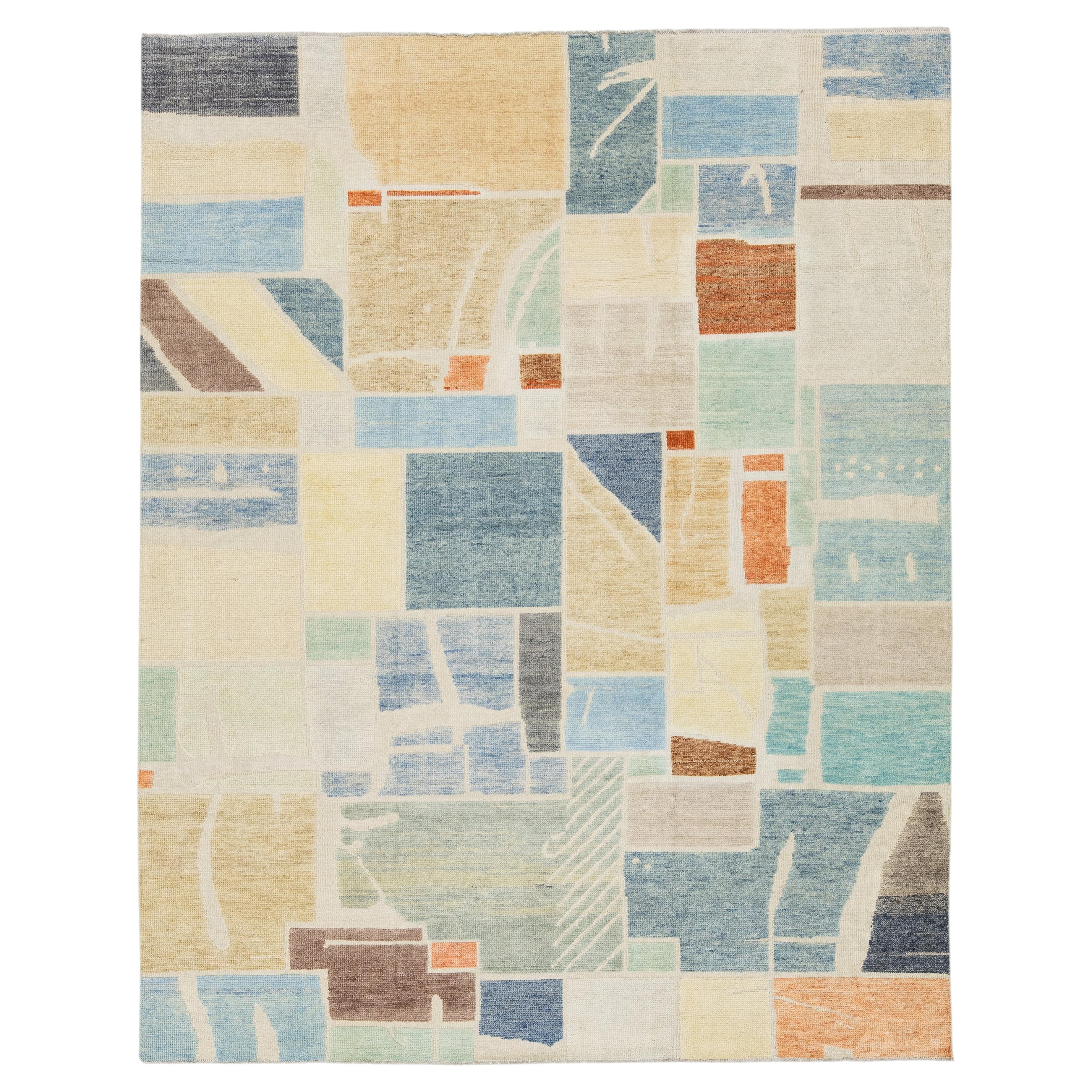 Modernist Color-Block Handcrafted Wool Area Rug with Abstract Painterly Grid