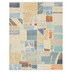 Modernist Color-Block Handcrafted Wool Area Rug with Abstract Painterly Grid