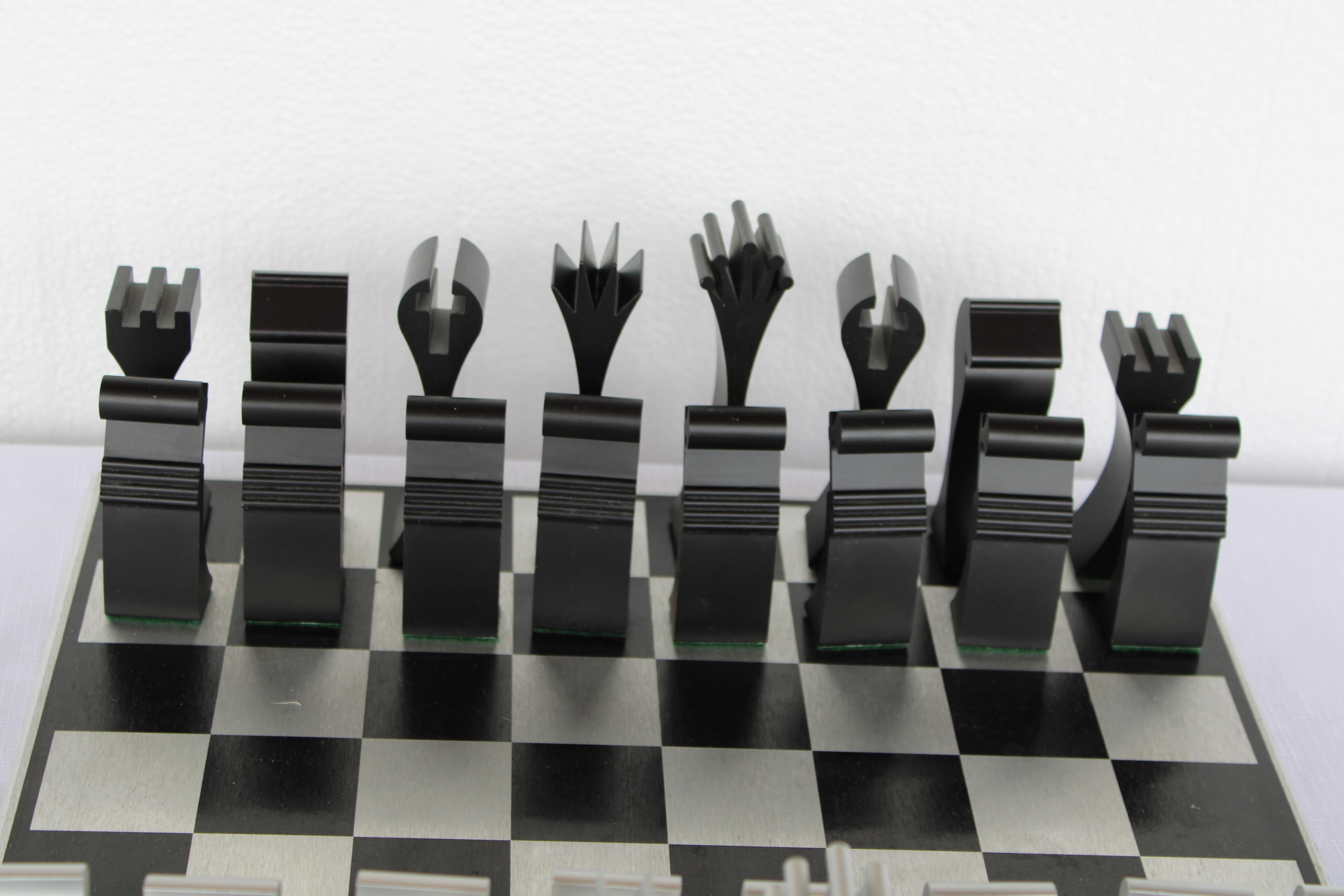 Columbia aluminum chess set by Scott Wolfe.  Chess board measures 15.75