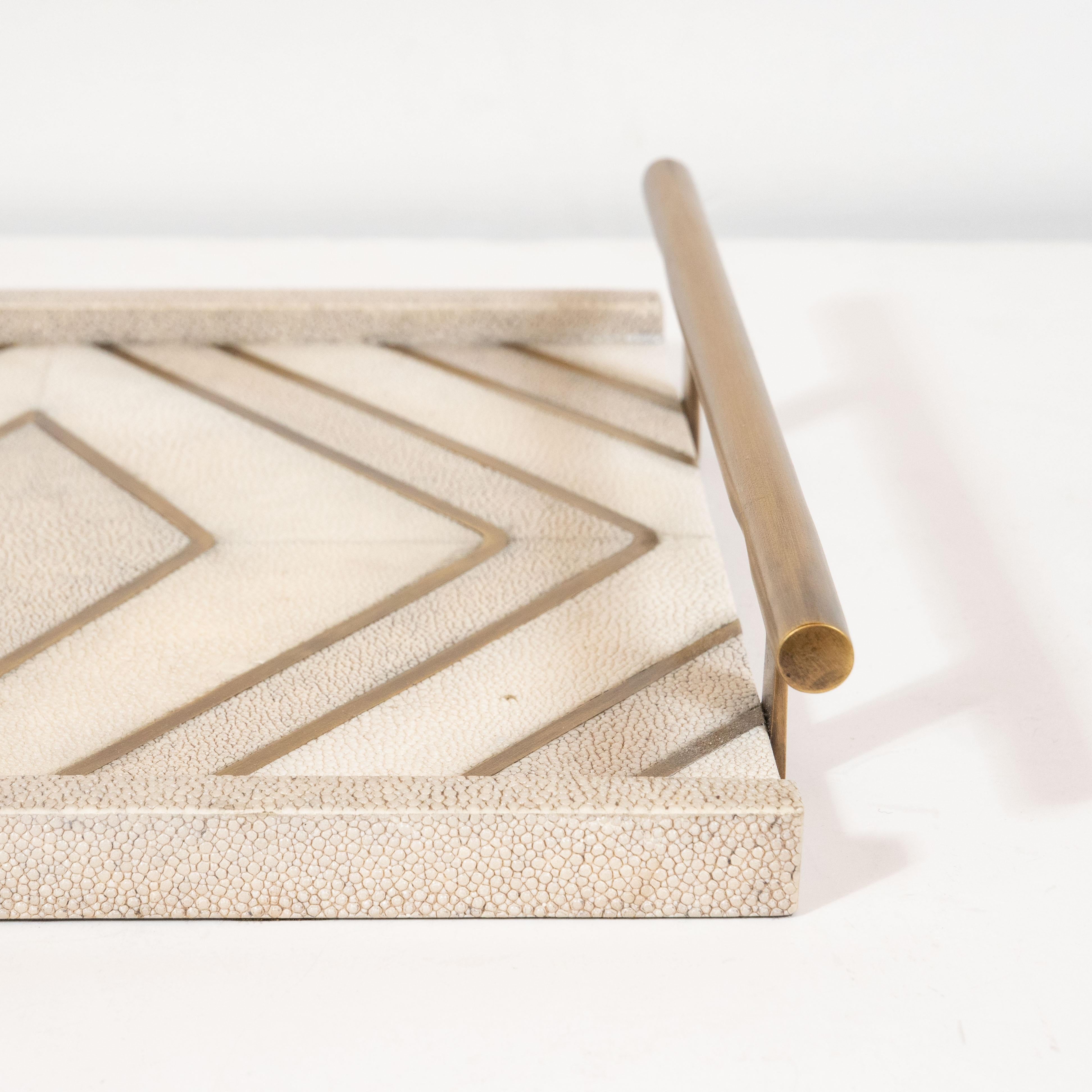 Philippine Modernist Concentric Diamond Form Shagreen and Brass Inlay Tray by Kifu, Paris