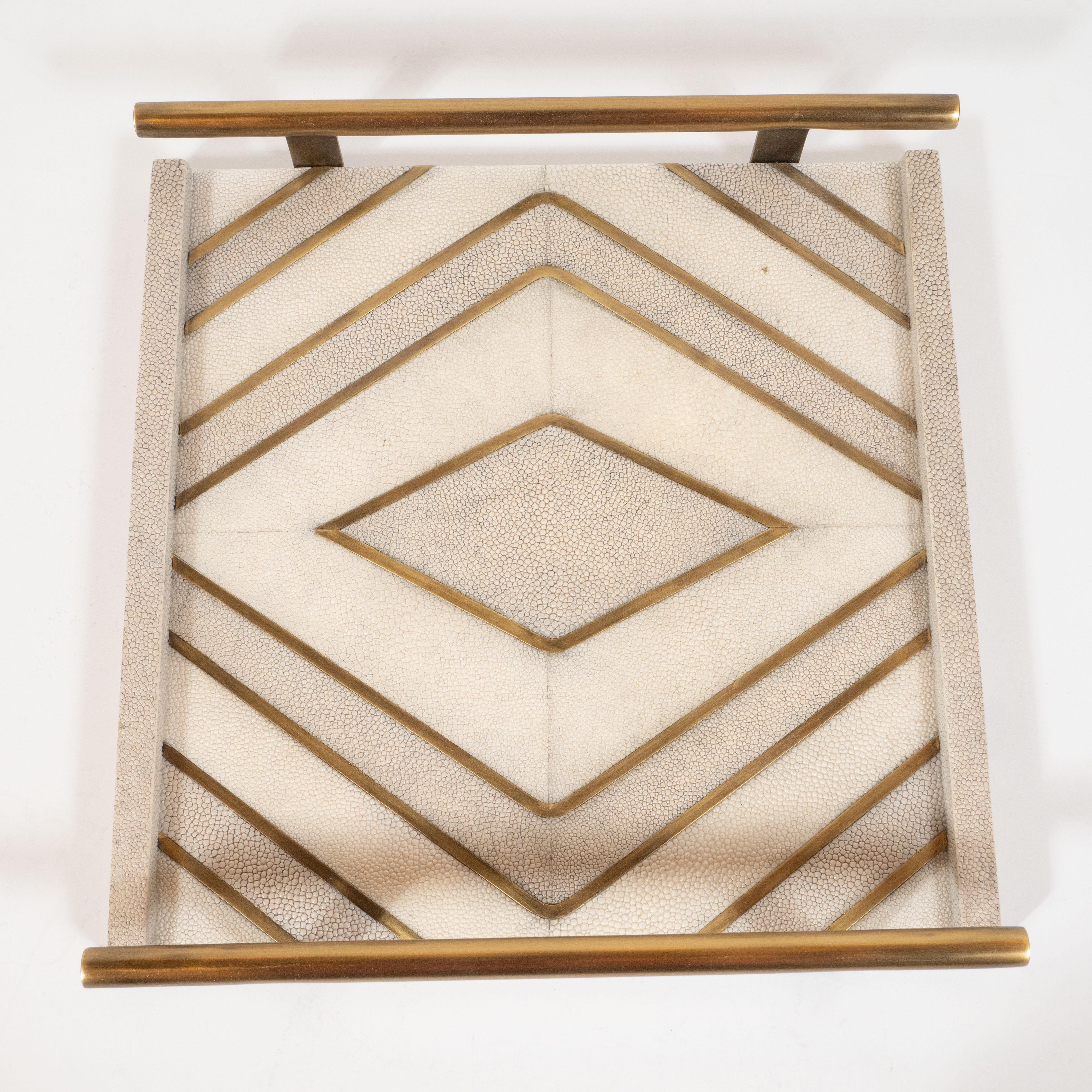 Modernist Concentric Diamond Form Shagreen and Brass Inlay Tray by Kifu, Paris 2