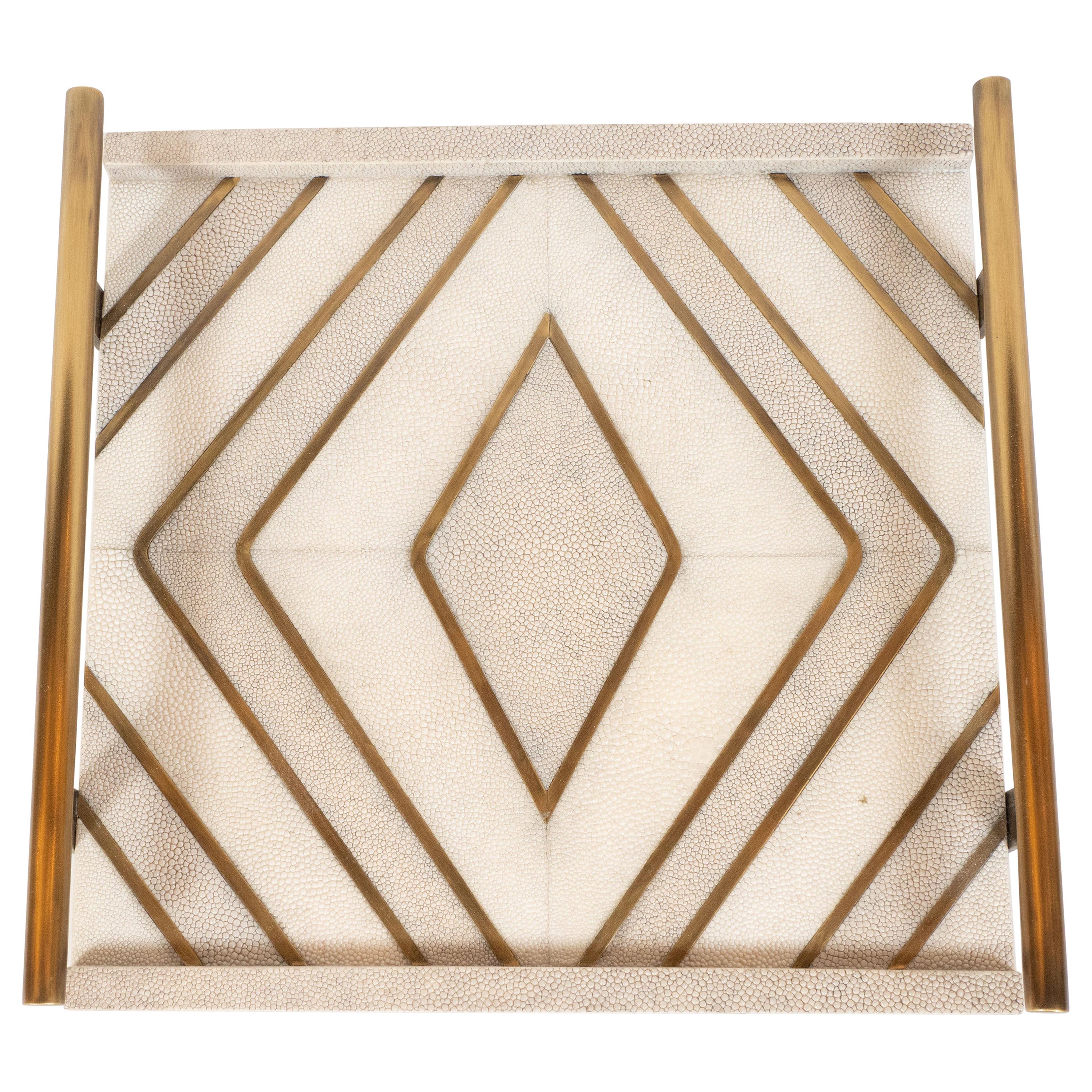 Modernist Concentric Diamond Form Shagreen and Brass Inlay Tray by Kifu, Paris