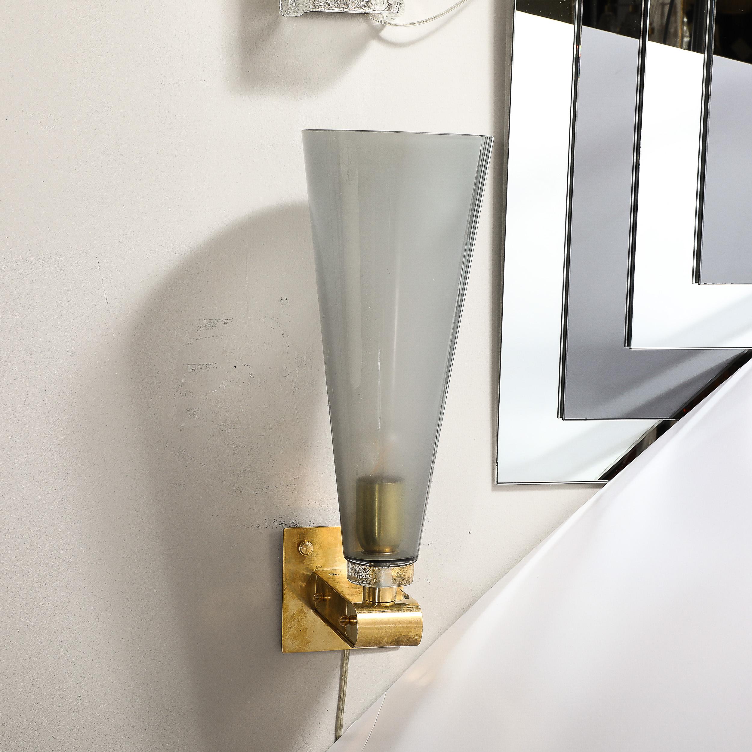 Modernist Conical Smoked Graphite Hand-Blown Murano Glass & Brass Sconces For Sale 8