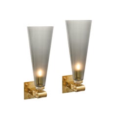 Modernist Conical Smoked Graphite Hand-Blown Murano Glass & Brass Sconces