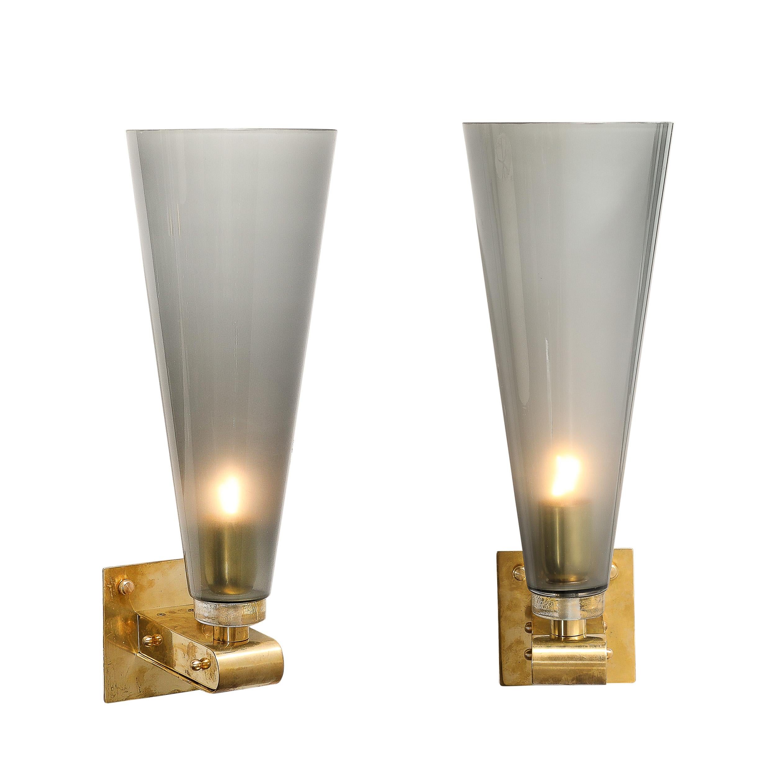 Italian Modernist Conical Smoked Graphite Hand-Blown Murano Glass & Brass Sconces For Sale