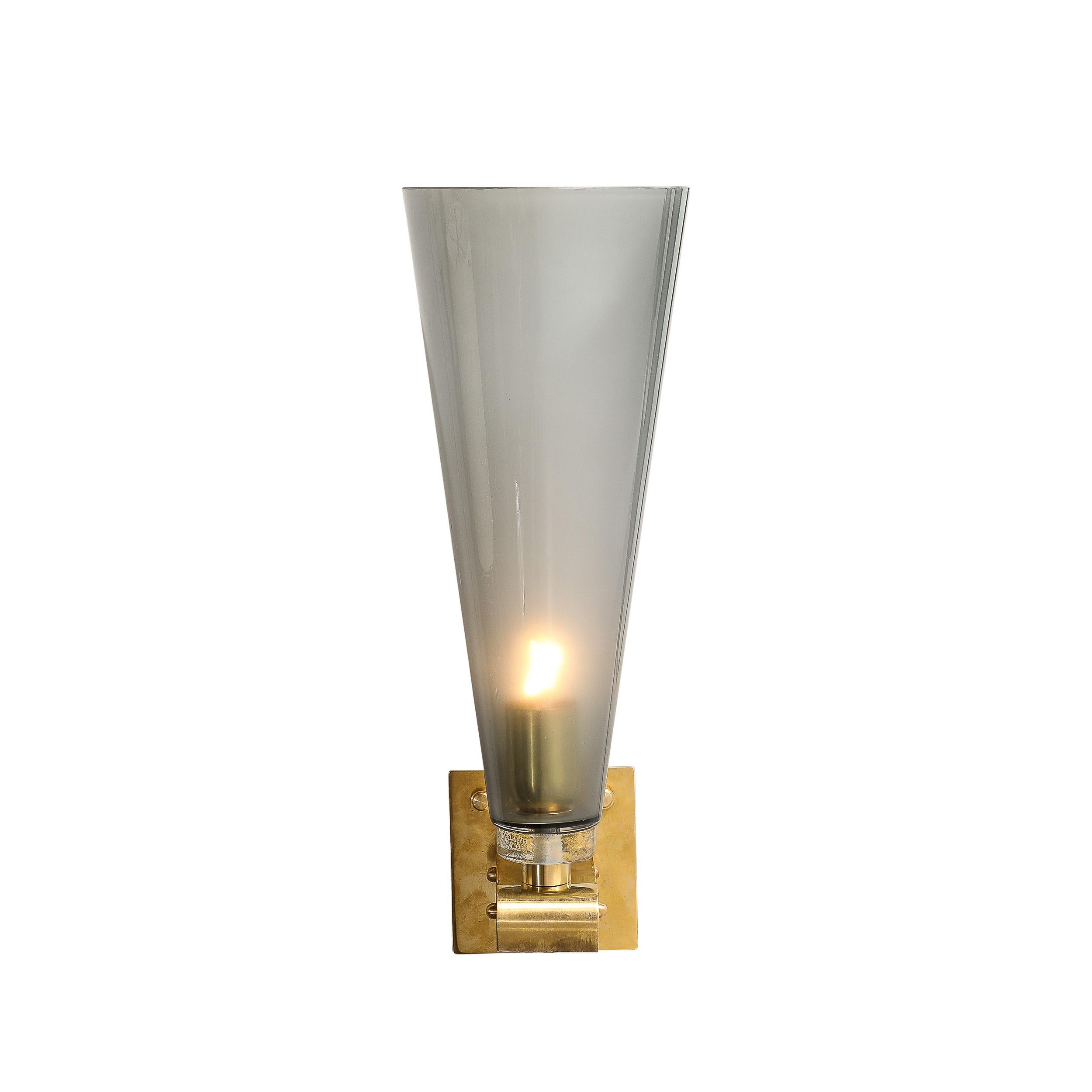 Contemporary Modernist Conical Smoked Graphite Hand-Blown Murano Glass & Brass Sconces For Sale