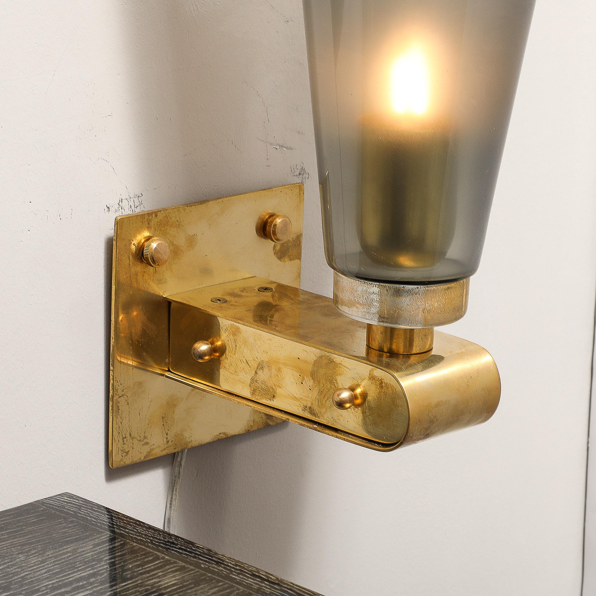Modernist Conical Smoked Graphite Hand-Blown Murano Glass & Brass Sconces For Sale 3