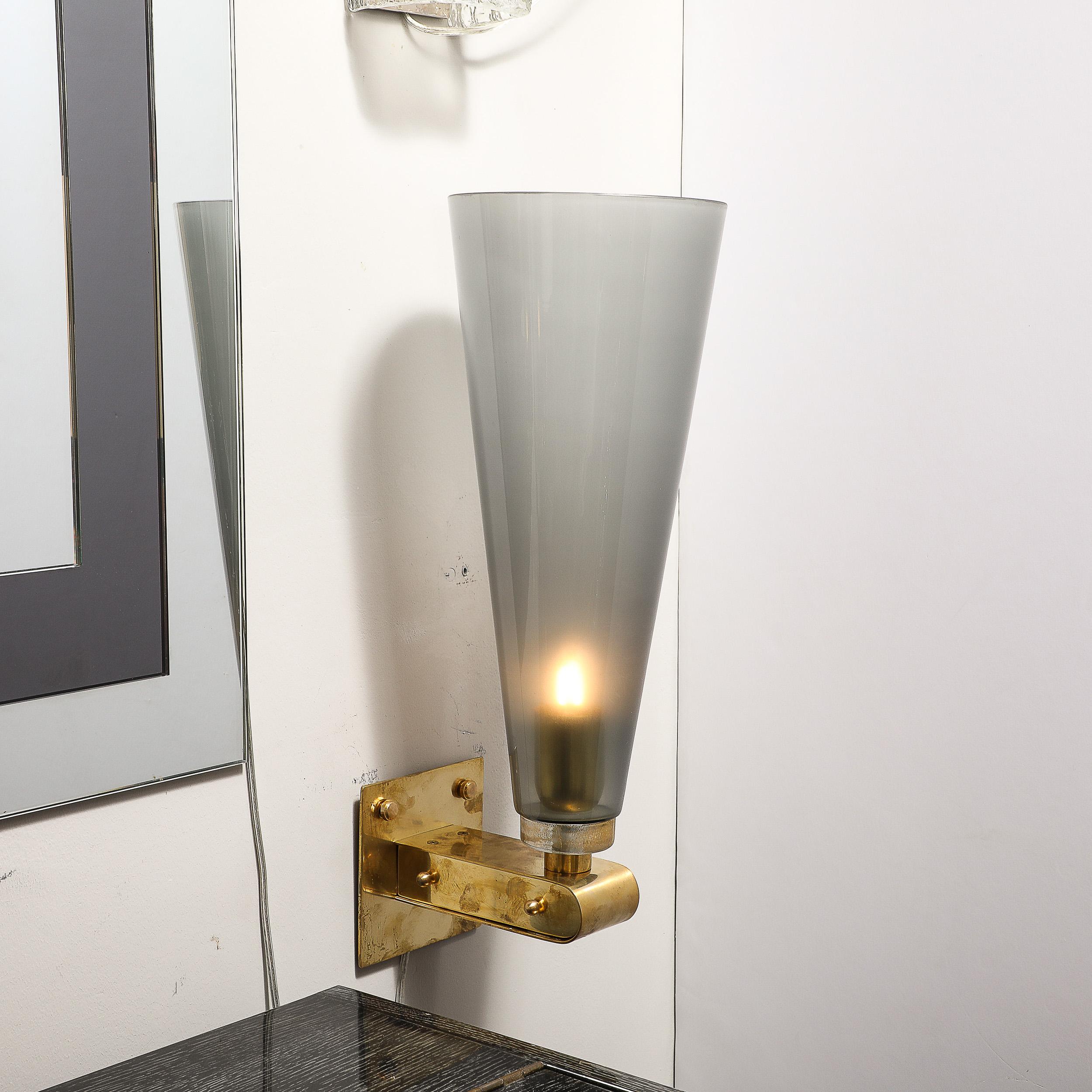 Modernist Conical Smoked Graphite Hand-Blown Murano Glass & Brass Sconces For Sale 4